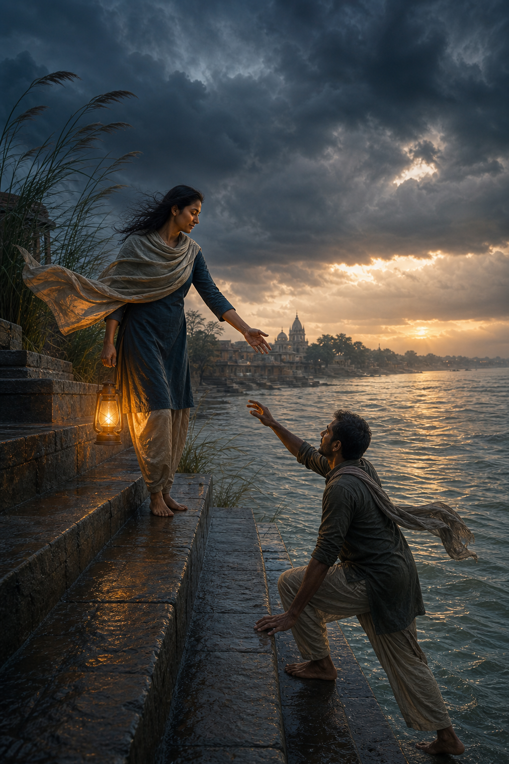 A steady figure holding a lantern offers a hand to another person on wet riverside steps as storm clouds begin to clear.