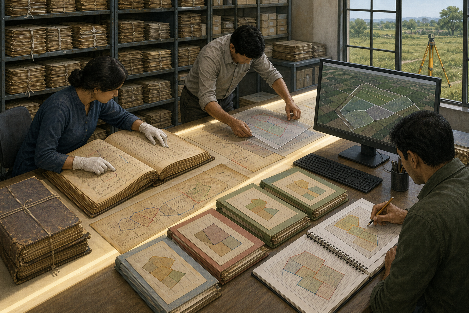An archivist, surveyor and technical analyst compare historical records, boundary overlays and a digital parcel model in a records office.