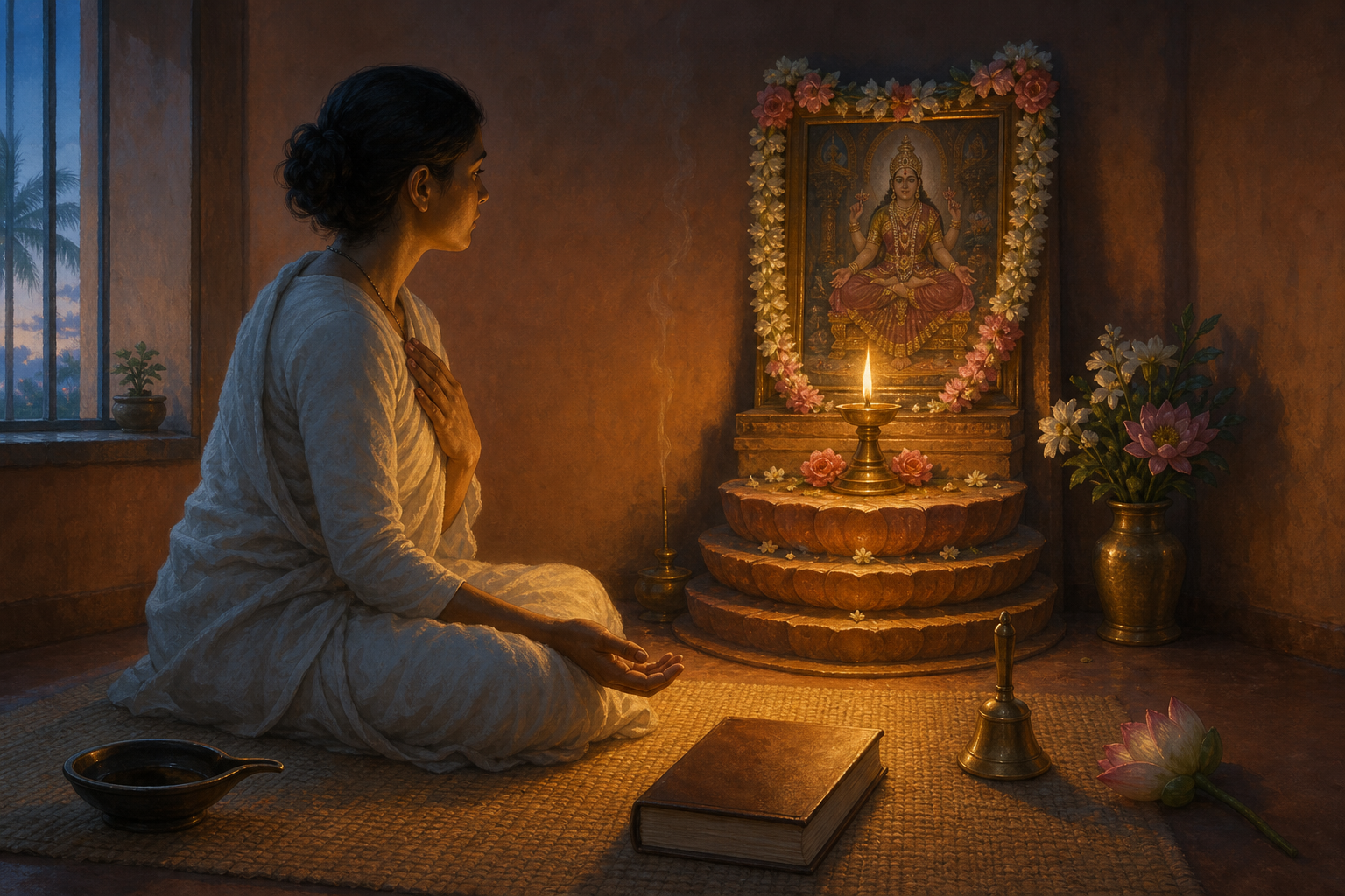 A practitioner meditates before a small Lalita shrine as warm lamplight reaches five still ritual objects in a quiet room at dawn.