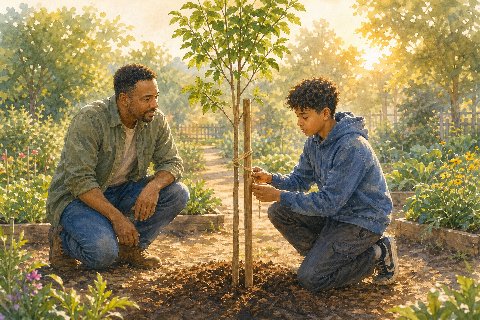 A teenager secures a young tree to a support stake while an adult mentor watches nearby with relaxed hands in a community garden.