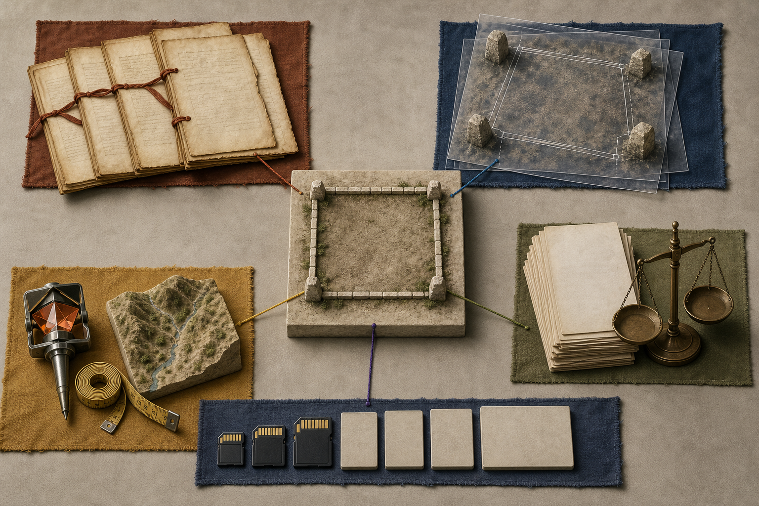 Five groups of archival, surveying, legal, digital and fieldwork evidence surround a central model of a land parcel.