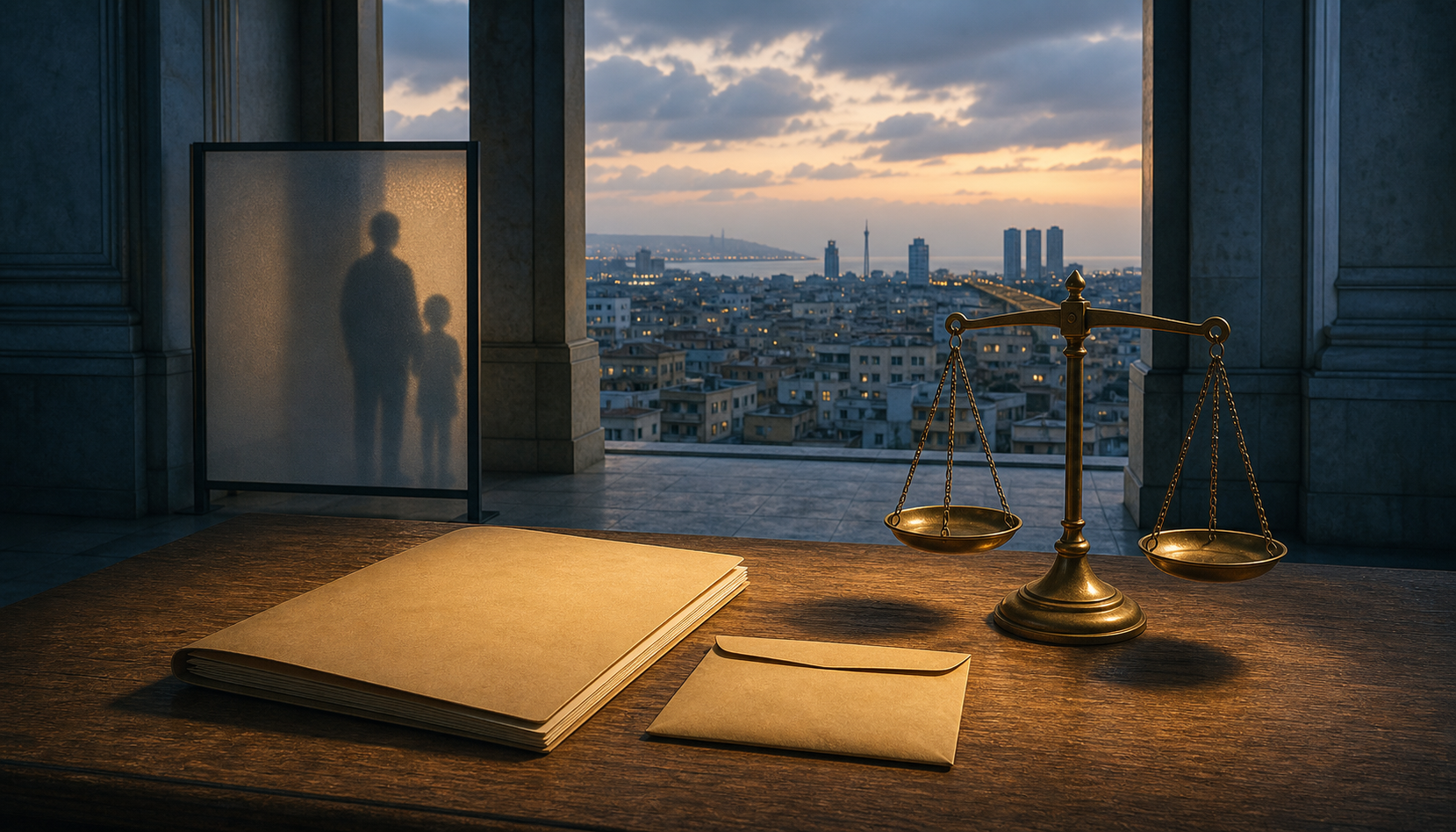 An unmarked case folder and balanced scales sit on a desk overlooking the Karachi skyline, with anonymous adult and child silhouettes behind a privacy screen.