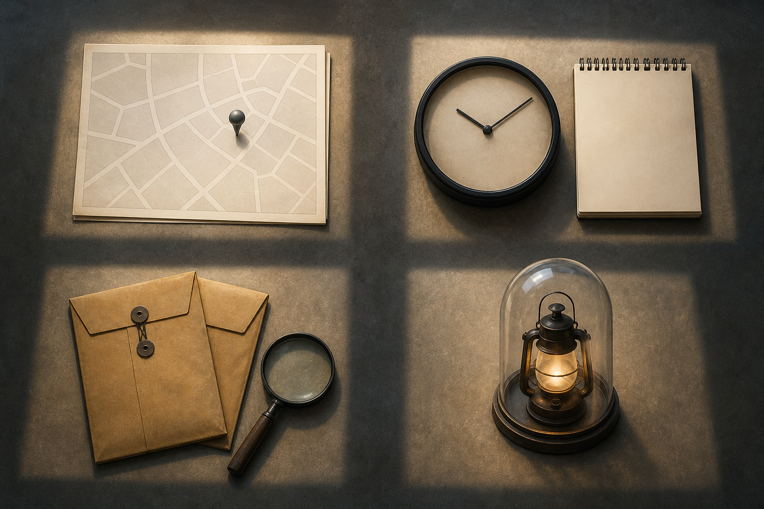 An investigator's table is divided into four areas containing a blank map, a clock, evidence envelopes, and a protected lantern.