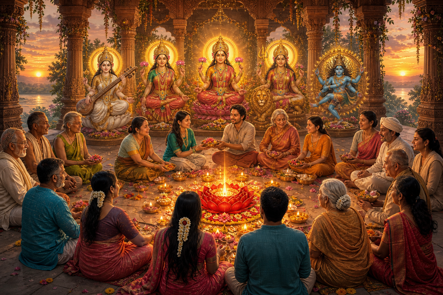 Devotees worship together around a crimson lotus lamp while five sacred forms behind them share the same golden radiance.