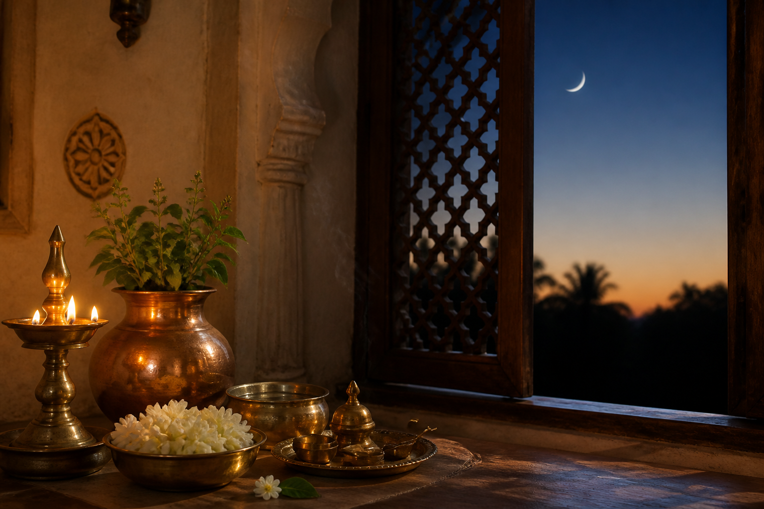 A brass oil lamp and simple puja vessels at a household shrine, with a waning crescent moon visible before dawn.