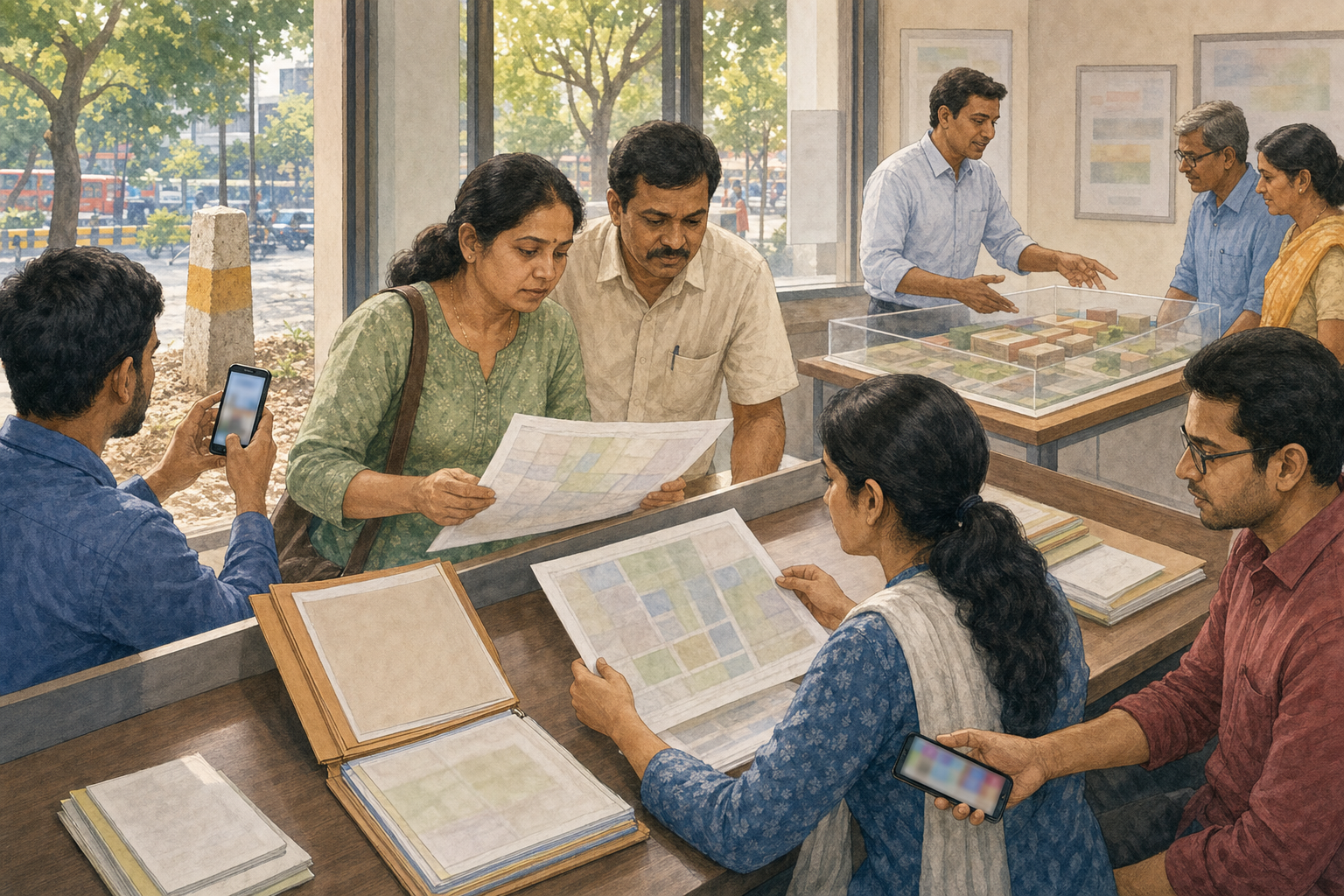 Pune residents review parcel maps with a records officer while another resident documents a boundary marker and sets aside an unverified phone post.