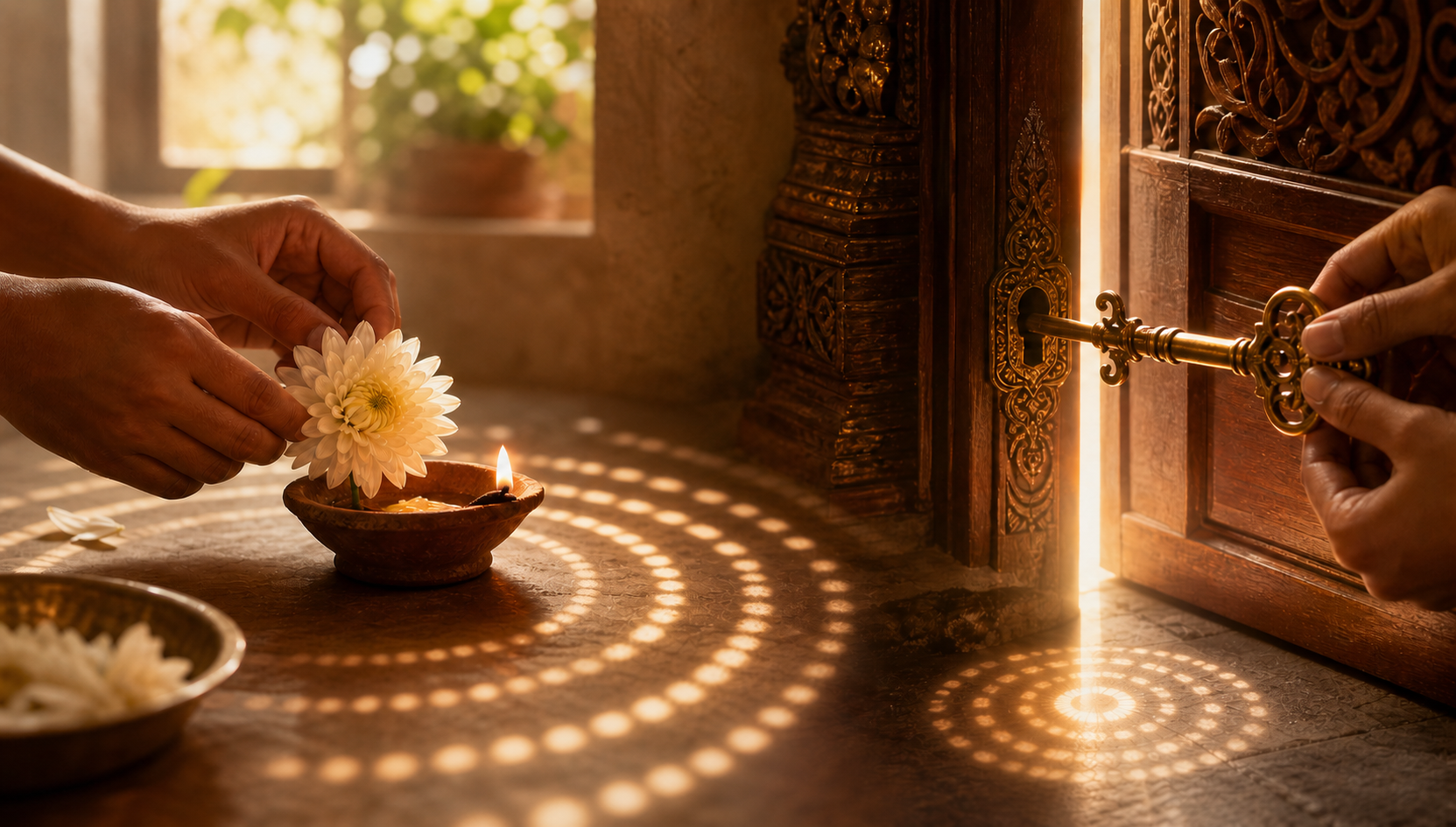 A flower is placed beside a household lamp in one scene, while hands turn a brass key in a carved doorway in another.