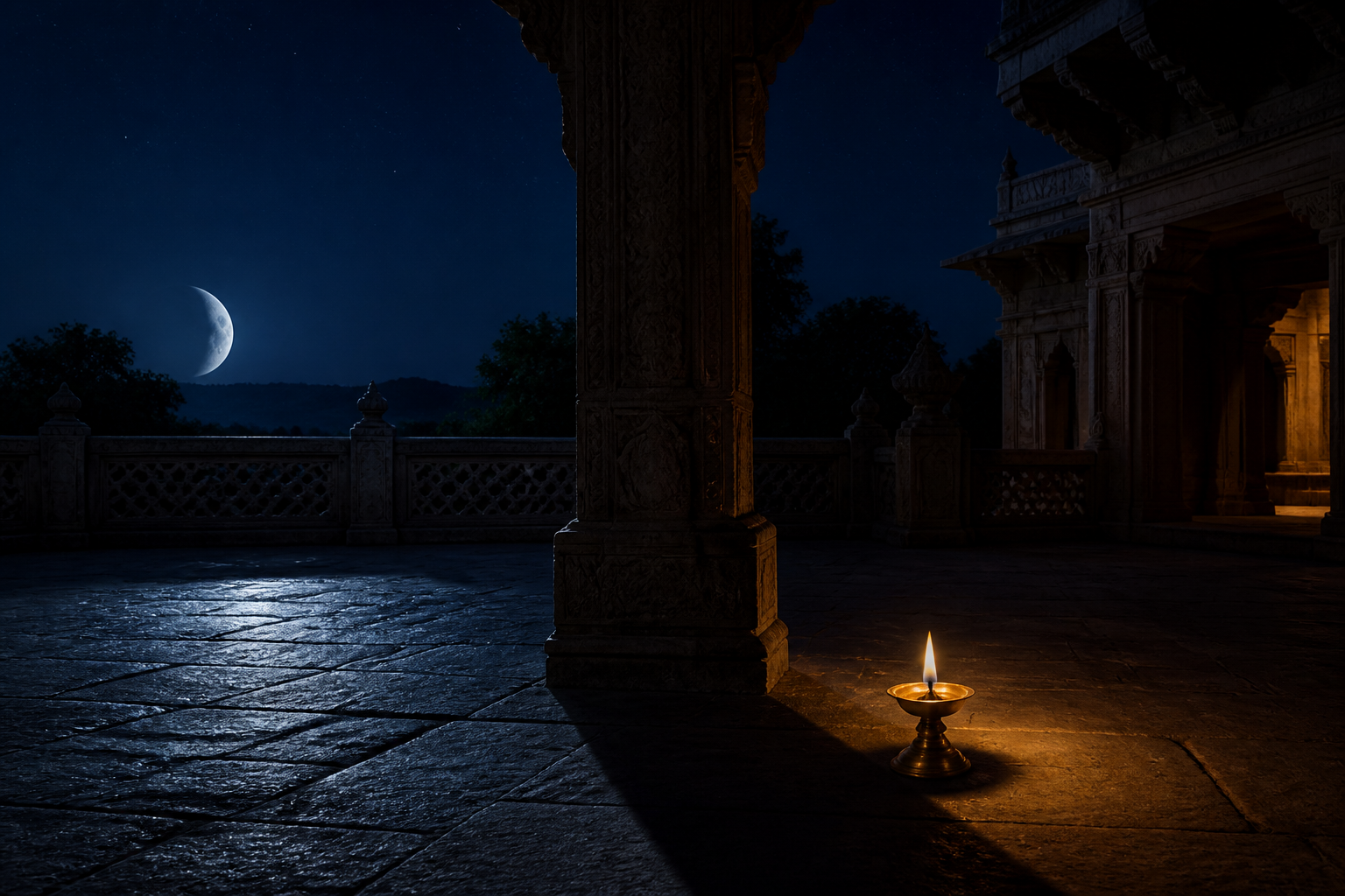 A moonlit Indian courtyard with a brass lamp and a pillar shadow suggesting a transition during the night.