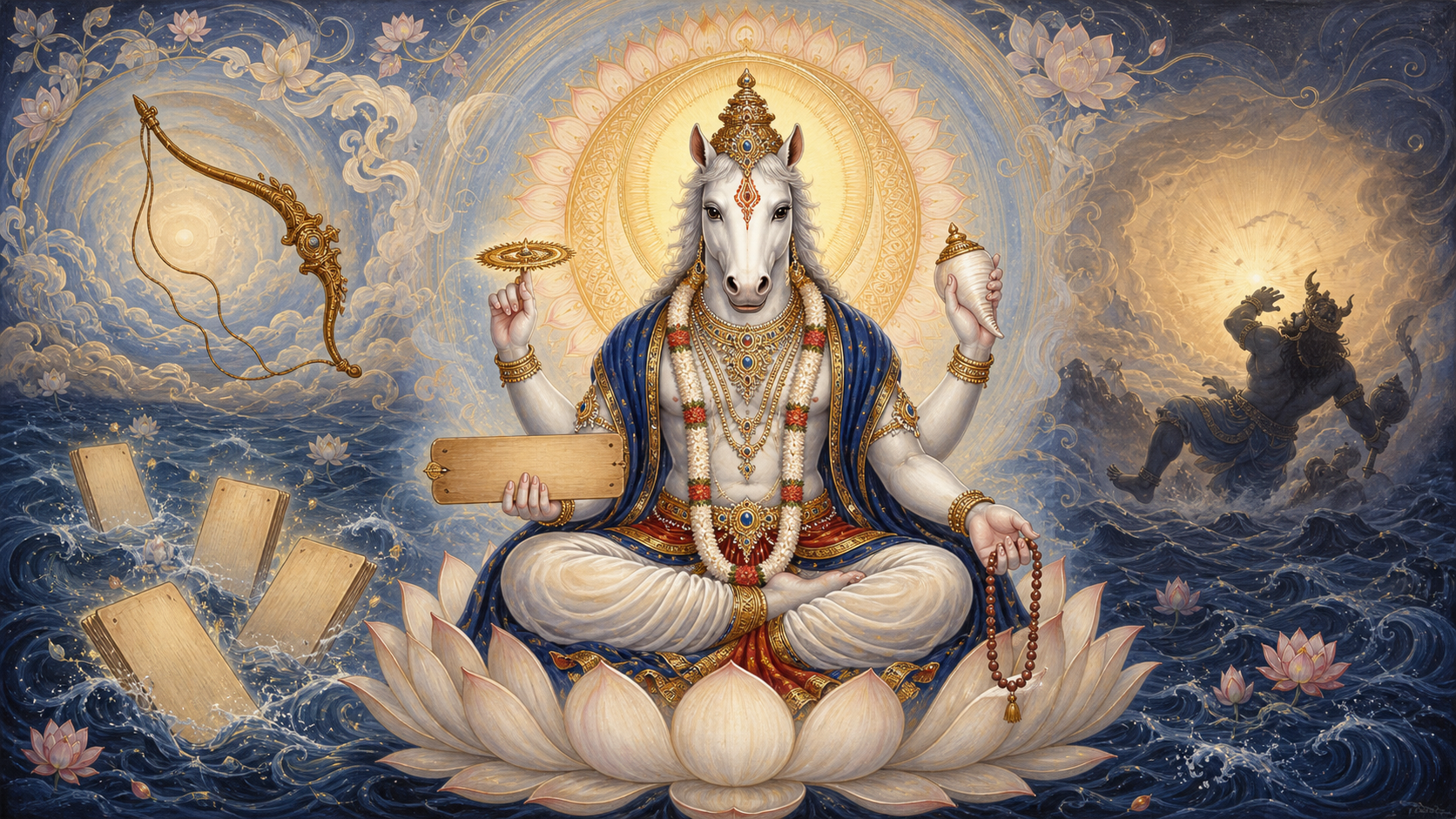 A radiant four-armed Hayagriva sits on a lotus above cosmic waters, surrounded by a celestial bow, palm-leaf folios, and a retreating asura.