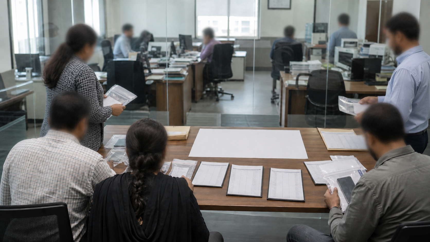Anonymous investigators examine sealed evidence, a blank street map, and protected records inside a glass-walled civic office.