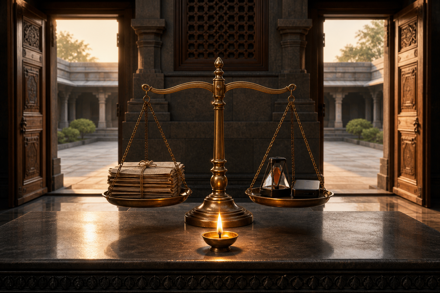 A brass oil lamp illuminates a balanced justice scale holding historical land records on one side and modern surveying tools on the other.