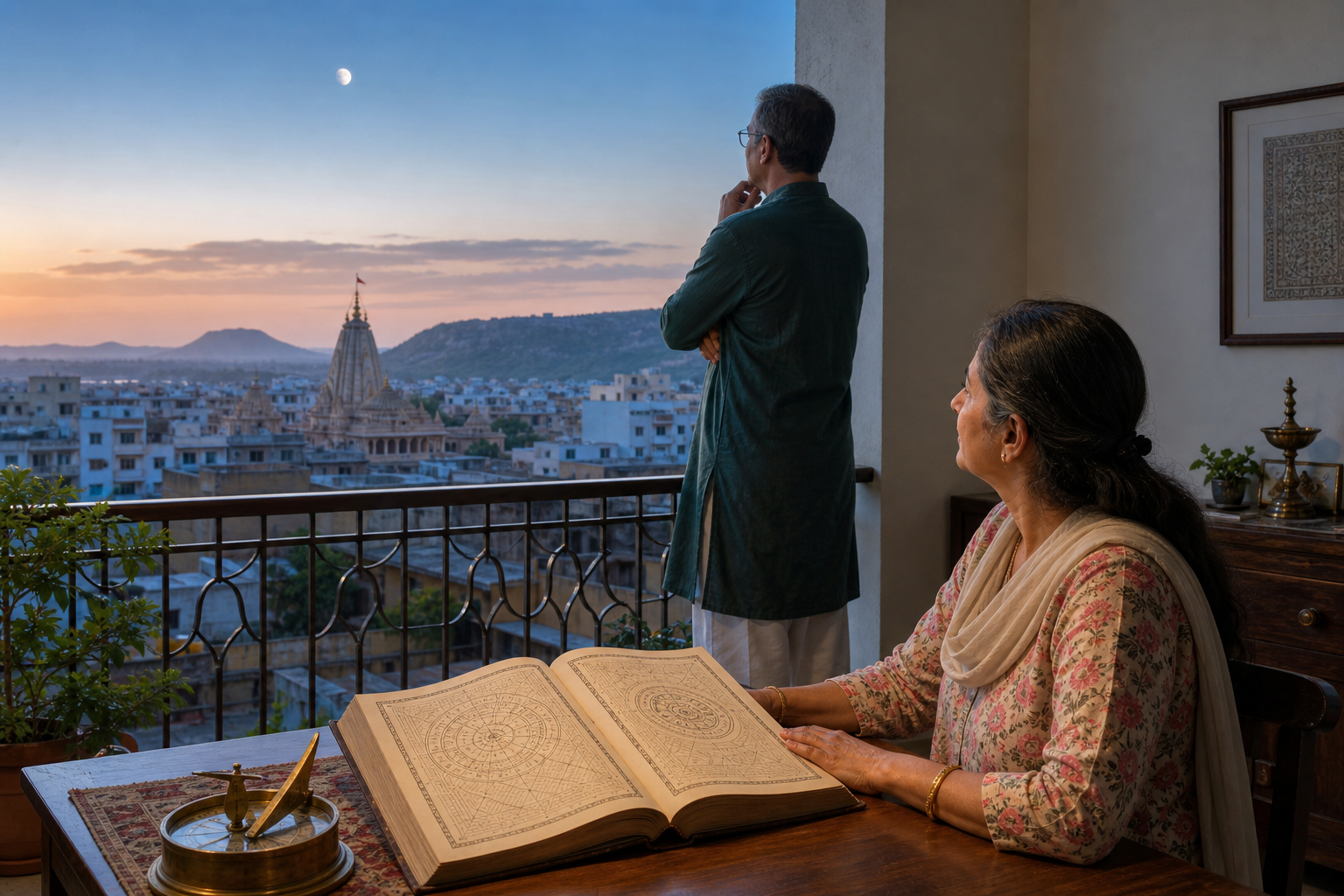 Two people consult an open almanac and observe the dawn sky from a balcony overlooking a city and temple spire.