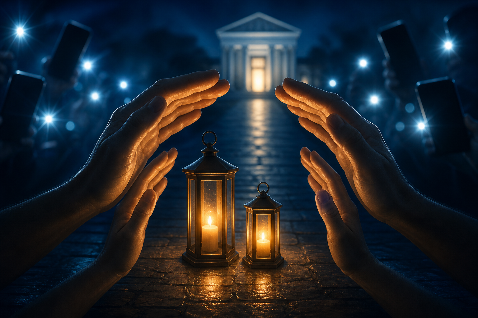 Open hands shelter two glowing lanterns from blurred smartphones and camera flashes, with a courthouse doorway visible in the distance.