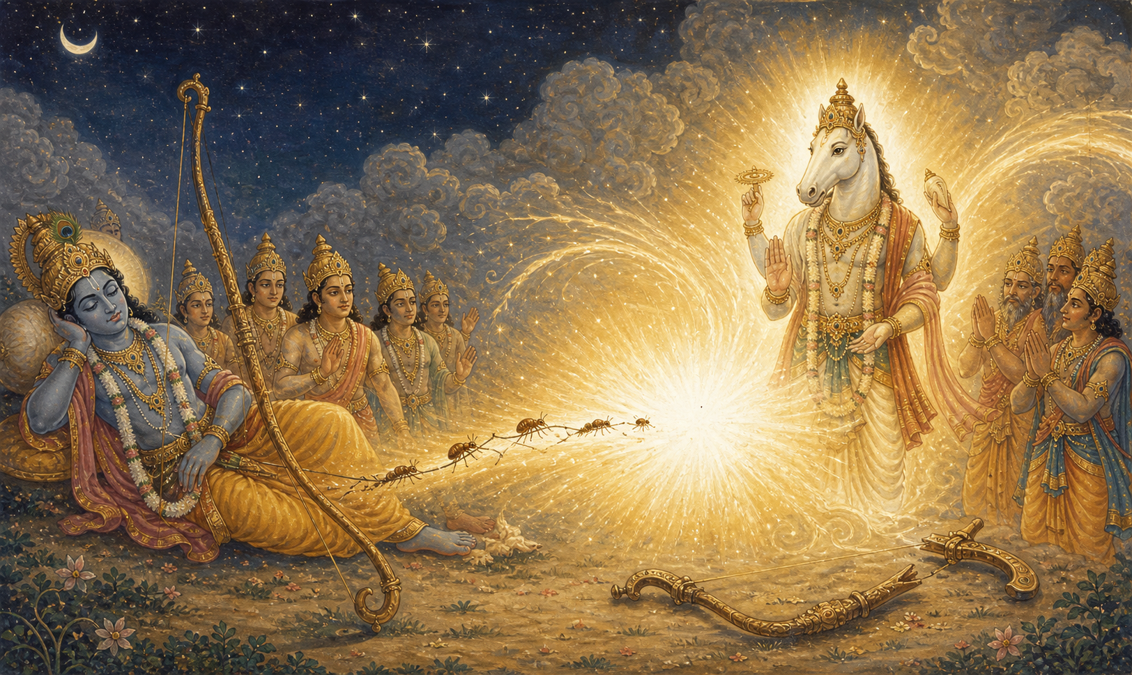 Vishnu rests beside a celestial bow as its string breaks in a burst of light, followed by his radiant appearance as horse-headed Hayagriva.