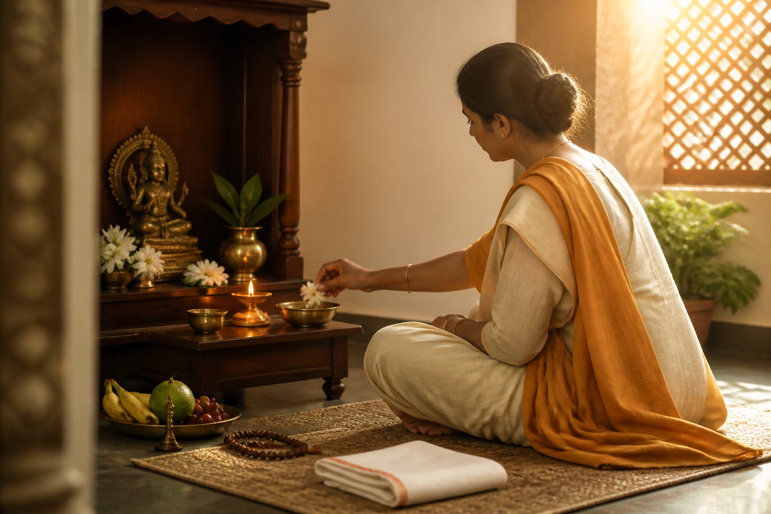A devotee sits before a simple home altar with a brass lamp, flowers, water, fruit, and prayer beads.