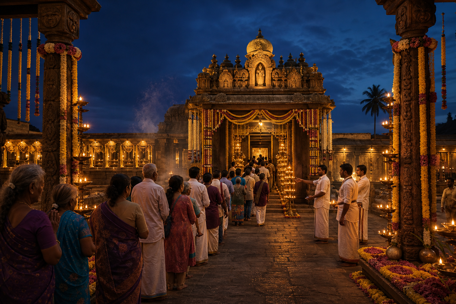 Devotees approach a flower-decorated ceremonial gateway at a Vaishnava temple before sunrise, illuminated by rows of oil lamps.