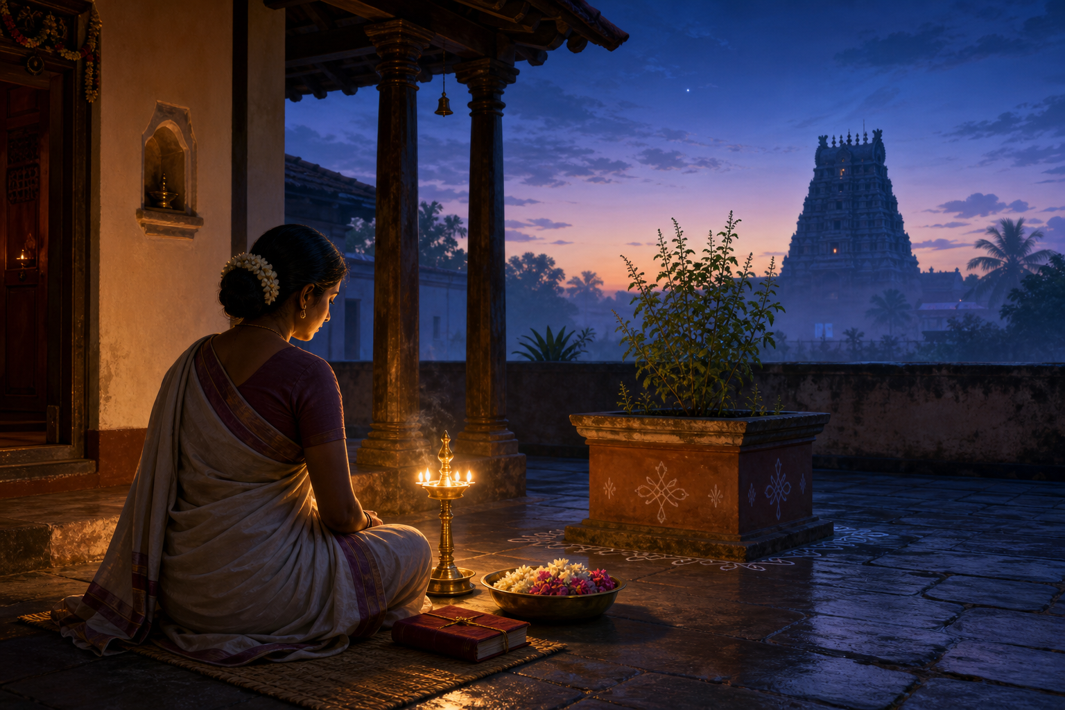 A devotee sits beside an oil lamp, flowers, a tulasi plant, and a devotional book before dawn, with a South Indian temple tower in the distance.