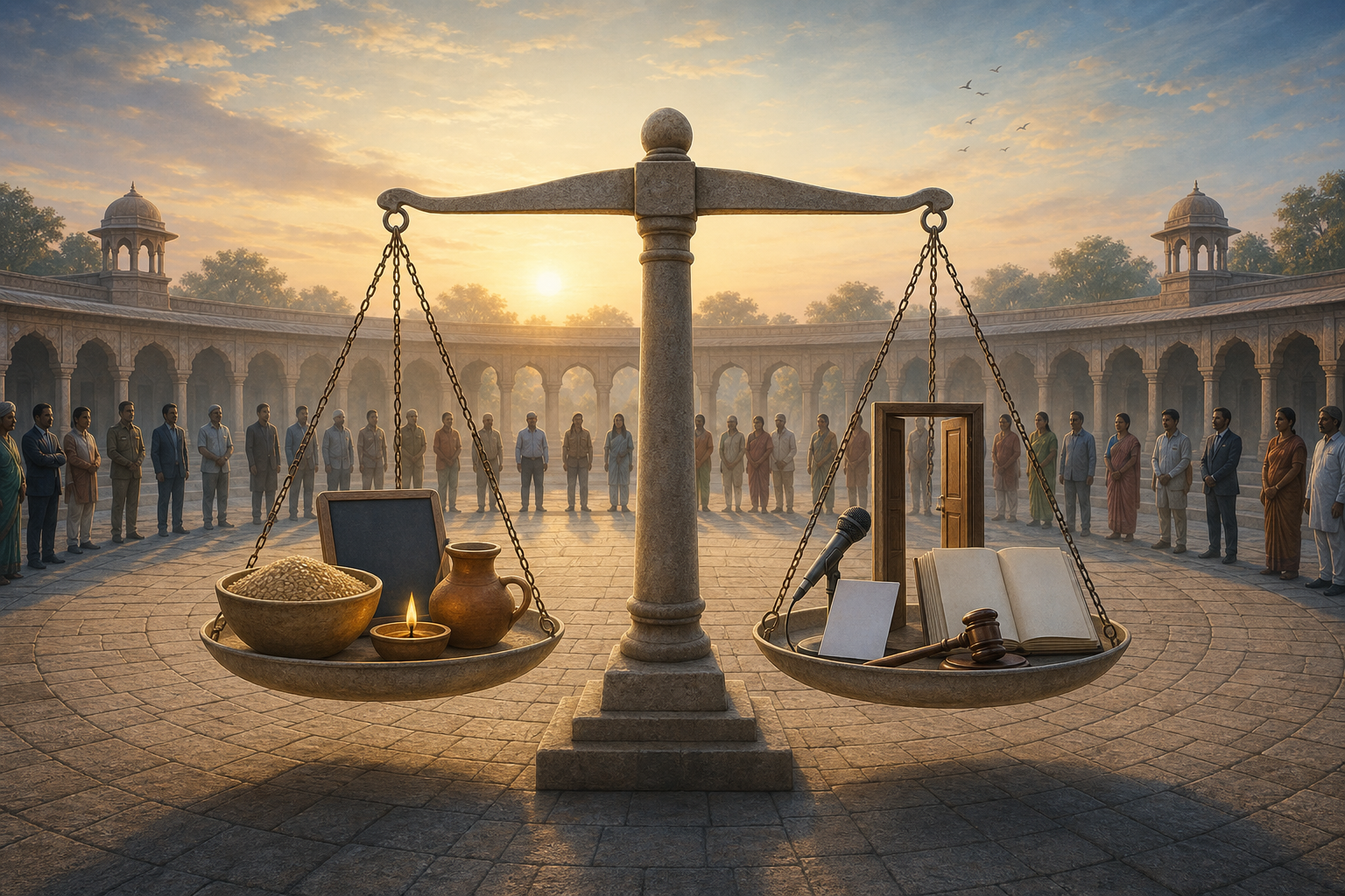 A stone balance in a circular courtyard weighs grain, water, a school slate and a lamp against a ballot, microphone, open door, blank newspaper and gavel.