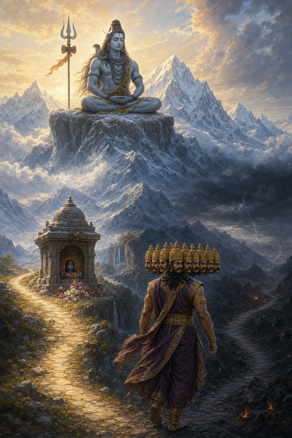 Shiva meditates above a Himalayan shrine as ten-headed Ravana leaves devotional flowers and turns toward a dark descending path.