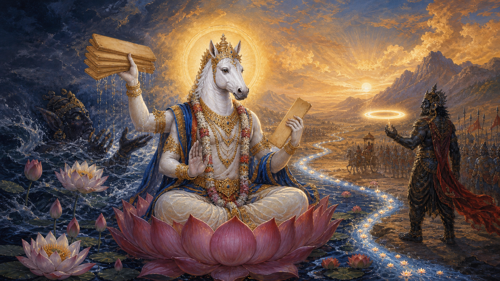 Hayagriva stands between a scene of palm-leaf folios emerging from cosmic waters and a scene of confrontation with a shadowy asura.