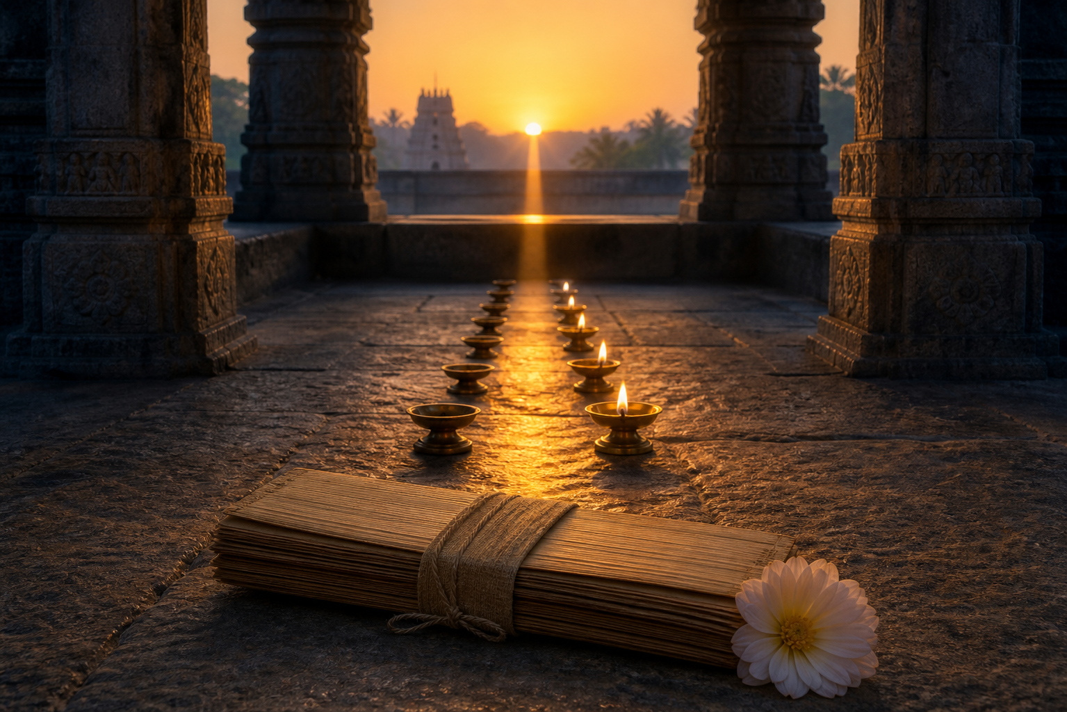 A sunrise, a receding row of brass lamps, and a wrapped manuscript are arranged in three distinct layers on a South Indian temple veranda.