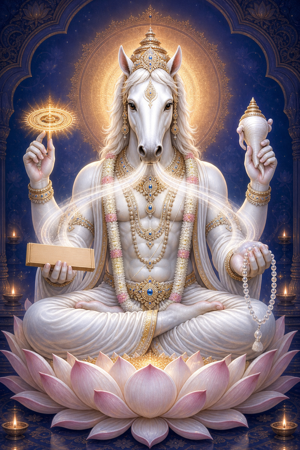 White horse-headed Hayagriva sits on a lotus holding a blank palm-leaf manuscript, prayer beads, a conch, and a luminous discus.