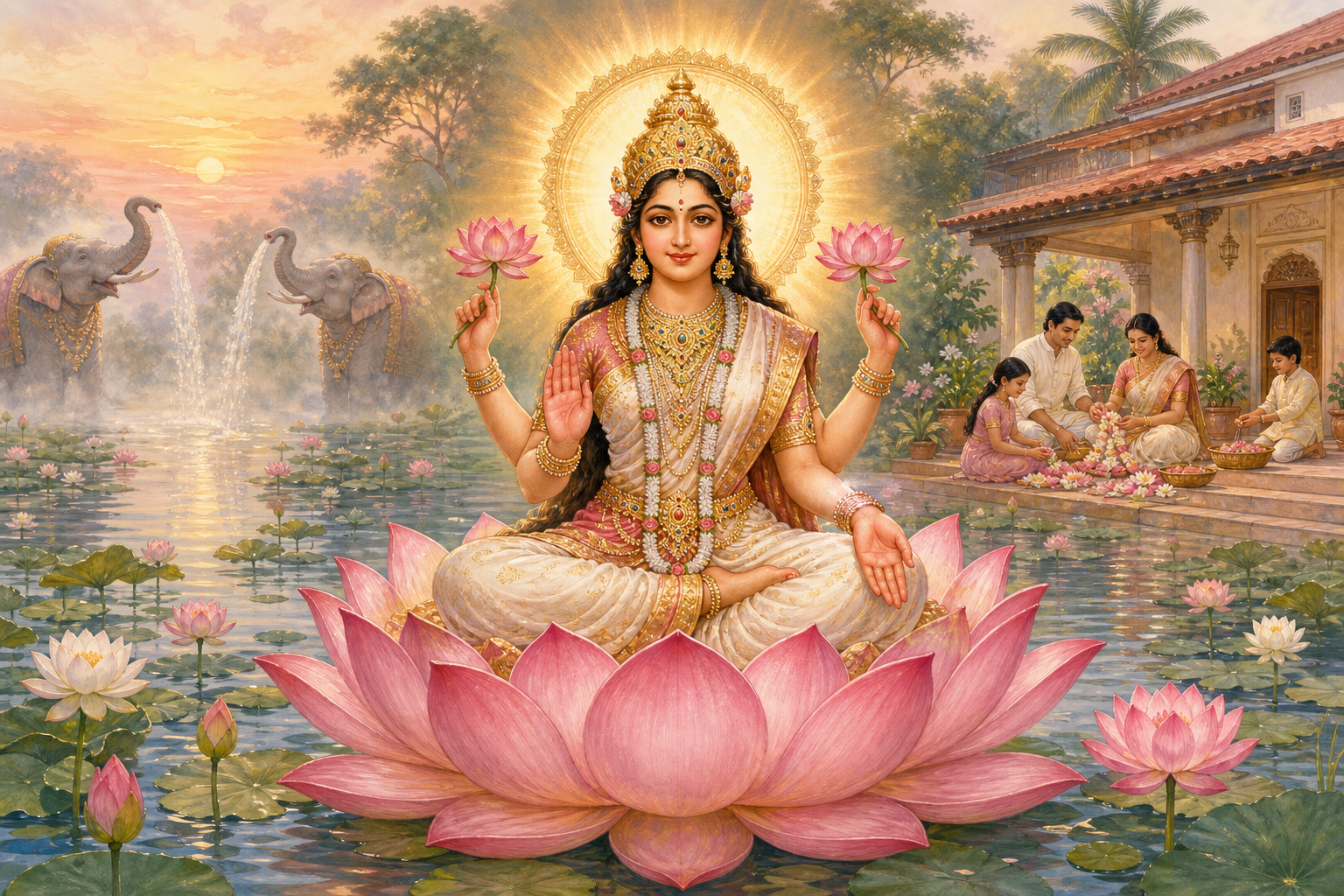 Kamalatmika sits on a pink lotus above calm water, with distant elephants and a family tending flowers beside a peaceful home.