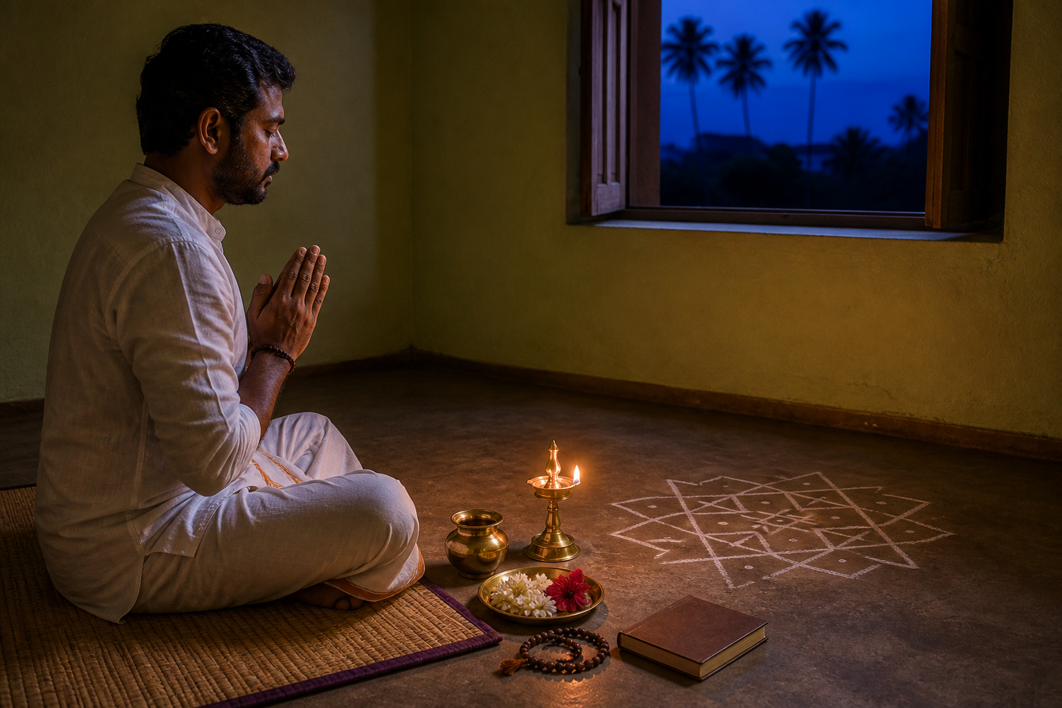 A devotee performs a simple pre-dawn practice with one oil lamp, flowers, water, prayer beads, and a devotional book in an uncluttered prayer space.