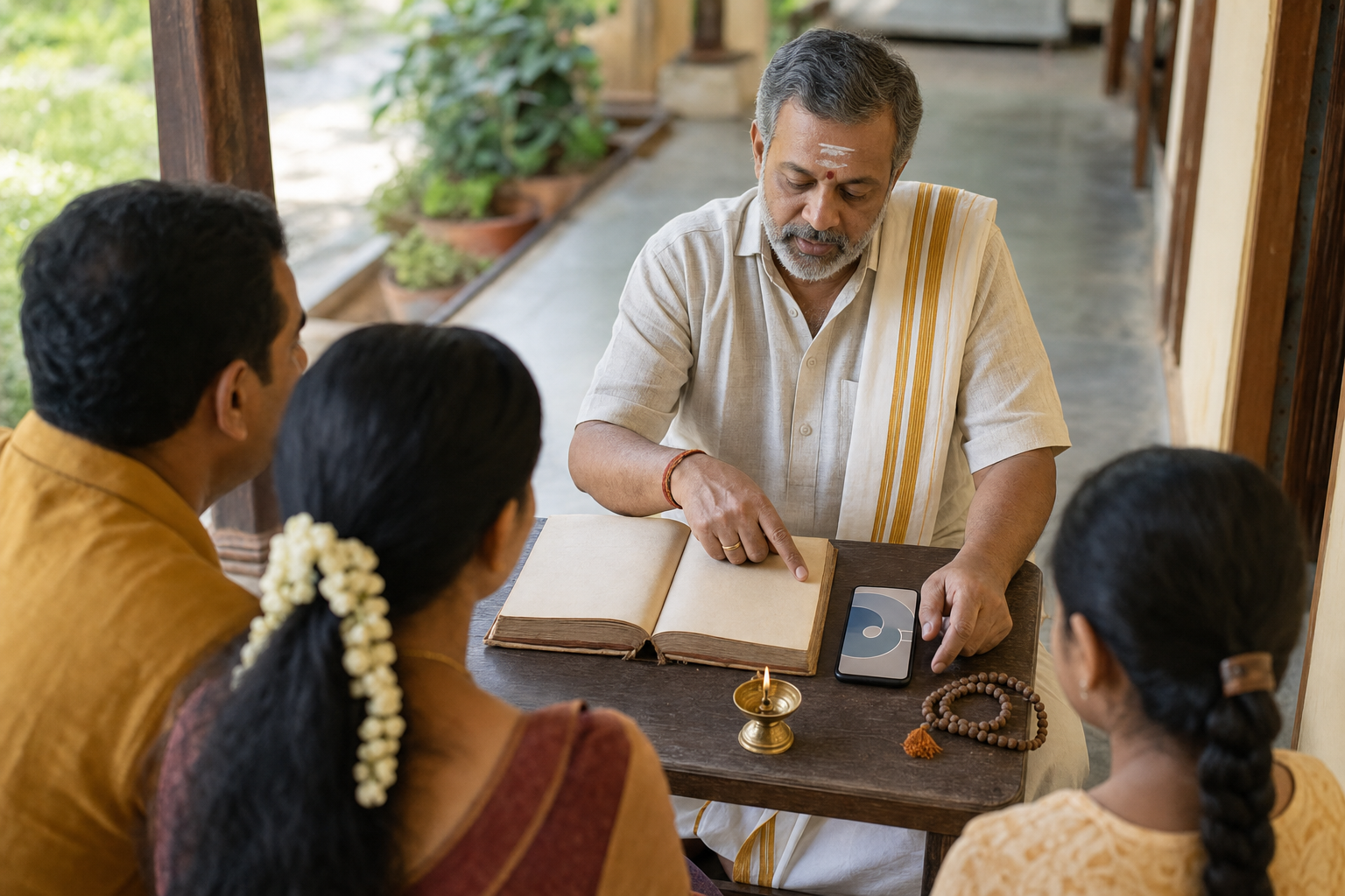 A family and temple priest compare a traditional calendar with a phone beside a brass lamp and prayer beads.