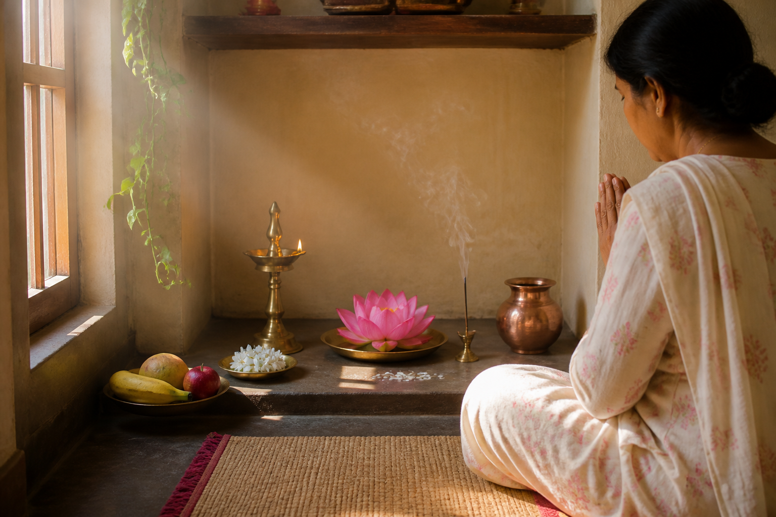 A worshipper sits before a simple Friday altar with a lamp, lotus, flowers, water vessel, rice, and fruit.