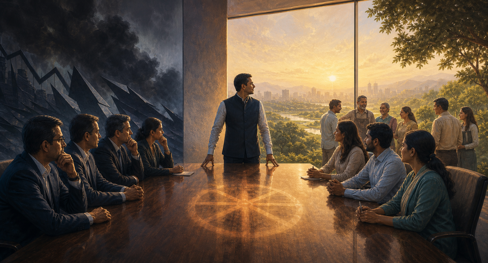 A business leader pauses at a conference table between a shadowed path of financial pressure and a sunlit circle of employees, suppliers, customers, and nature.