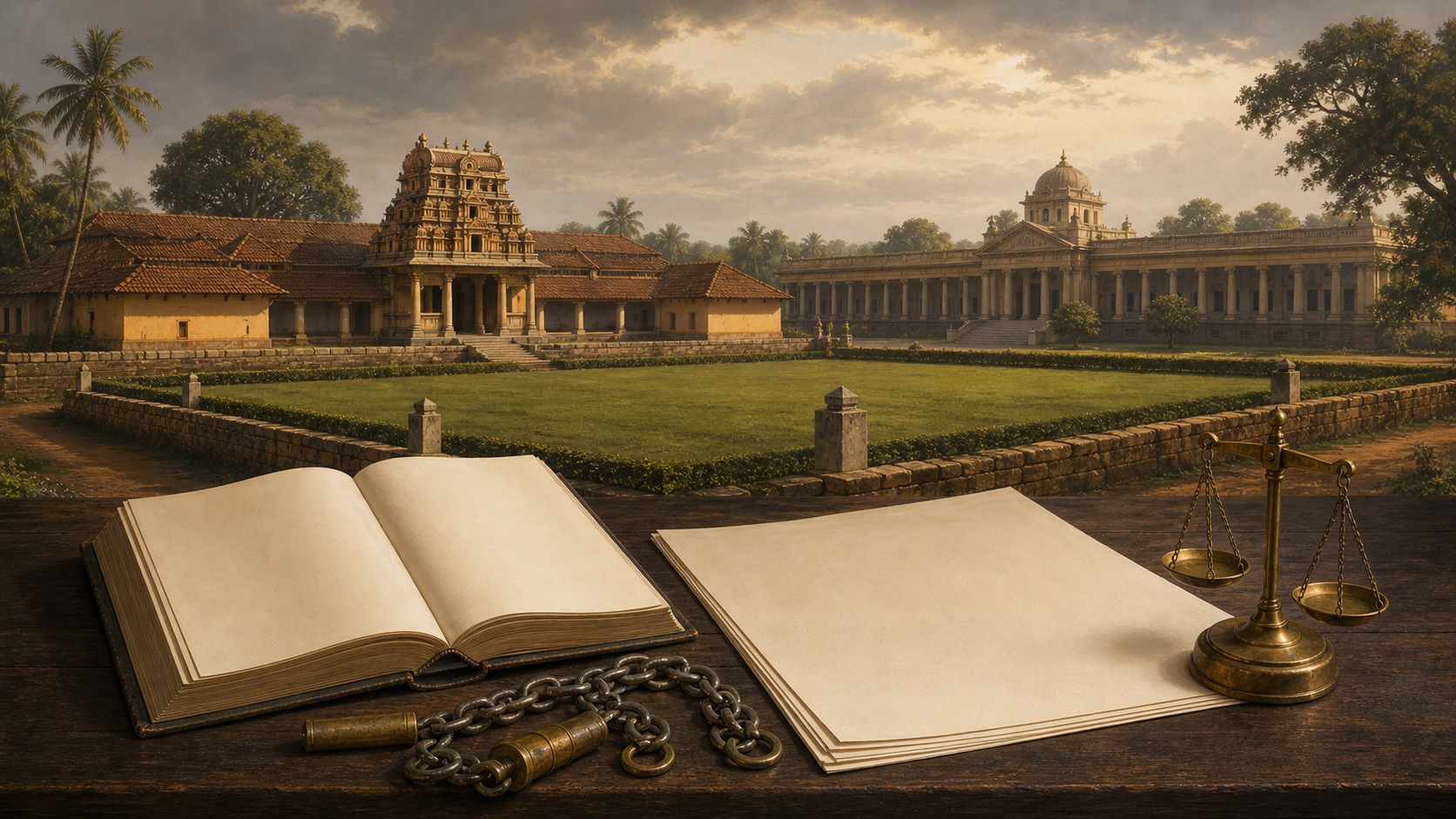 Editorial illustration of a South Indian Math beside a bounded parcel, with blank land records, surveying tools, a balance, and a courthouse in the foreground.