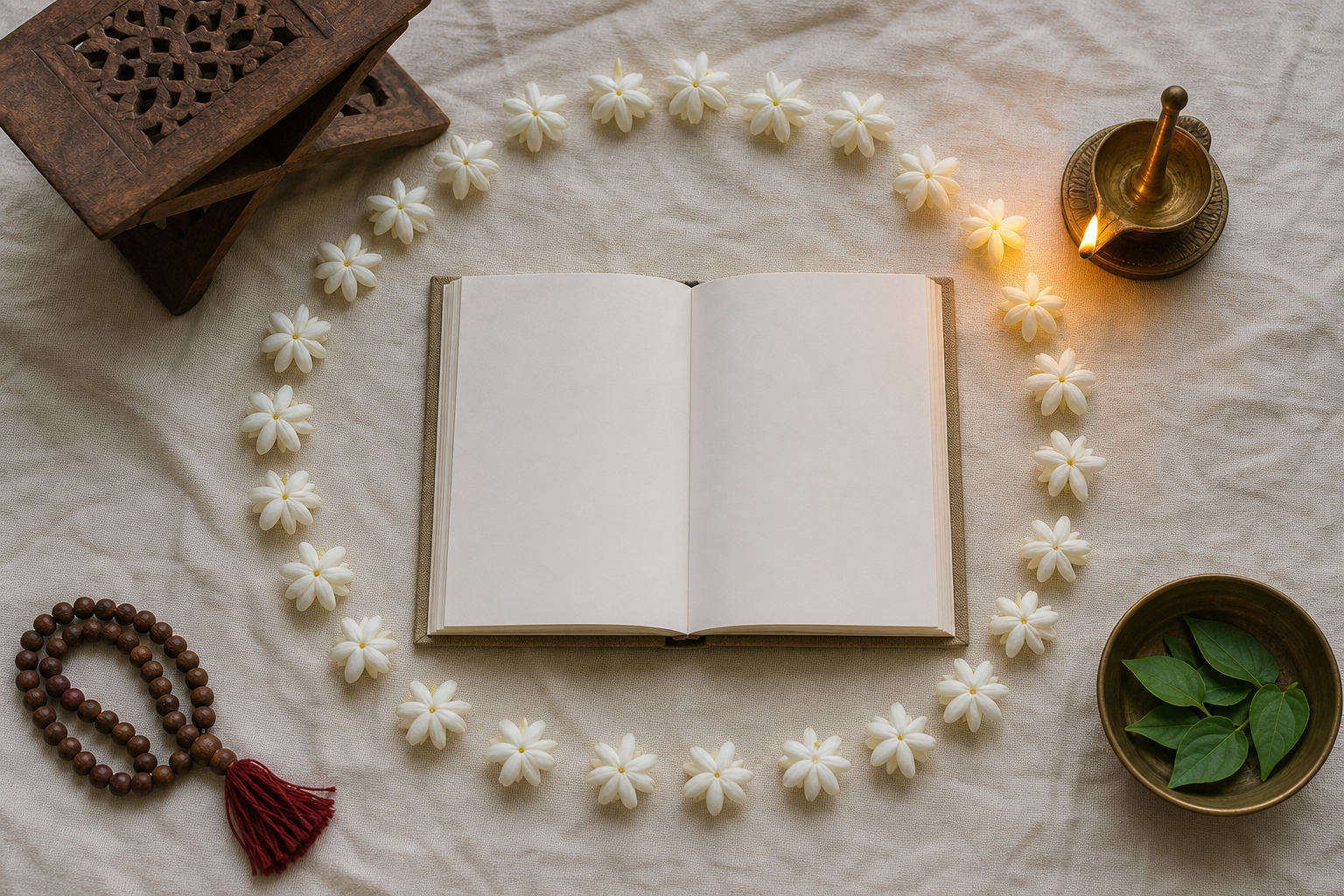 Thirty jasmine blossoms encircle an unmarked devotional book beside a small oil lamp, prayer beads, and a wooden reading stand.