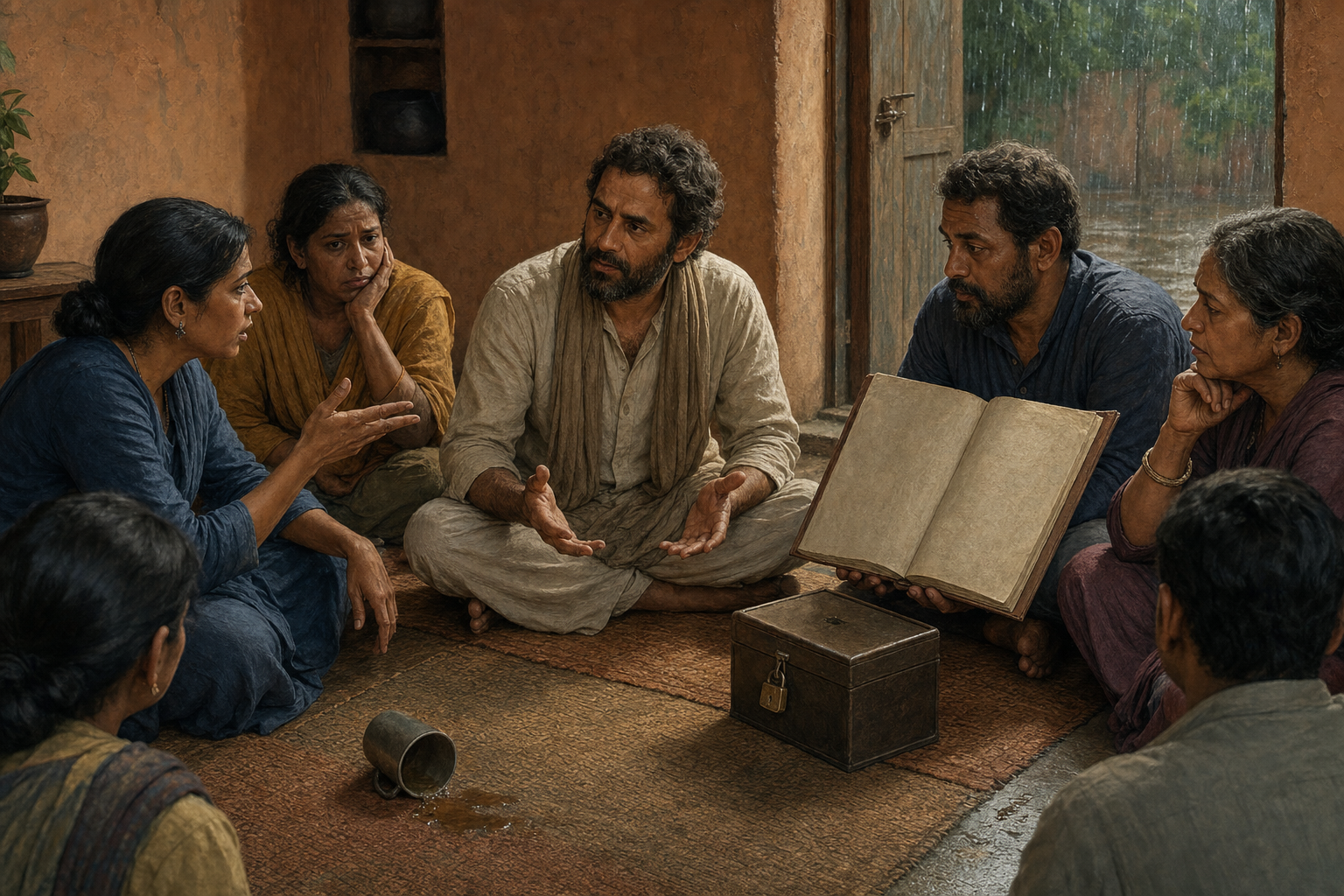 A seated teacher listens to a disagreeing participant as community members present a ledger and locked donation box in a modest room.
