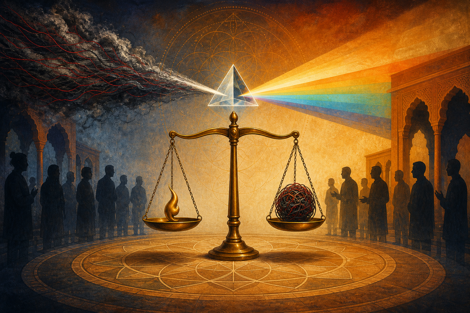 A brass balance scale, tangled threads, a glass prism, and anonymous figures symbolize the careful evaluation of a divisive public controversy.