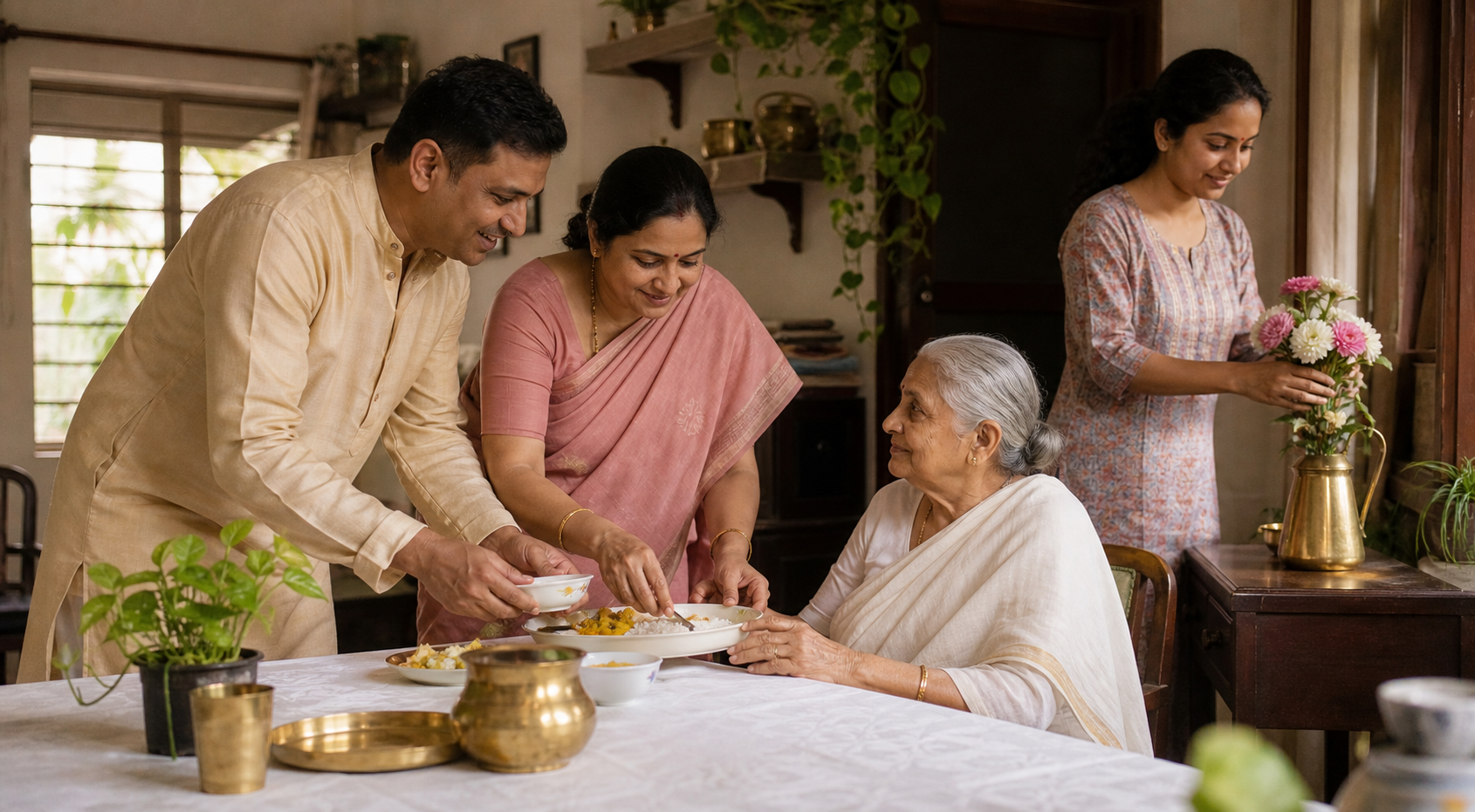Family members serve an elder a meal and arrange fresh flowers in a clean, sunlit shared room.