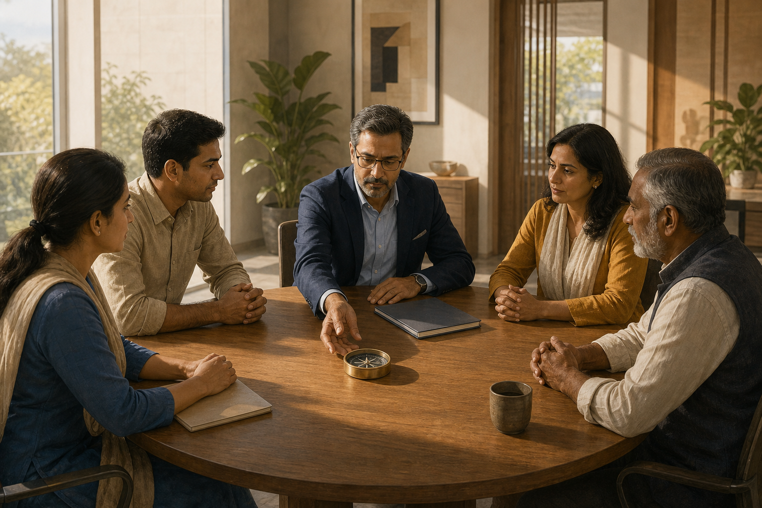 A leader places a compass at the center of a table shared with an employee, customer, supplier, and community representative.