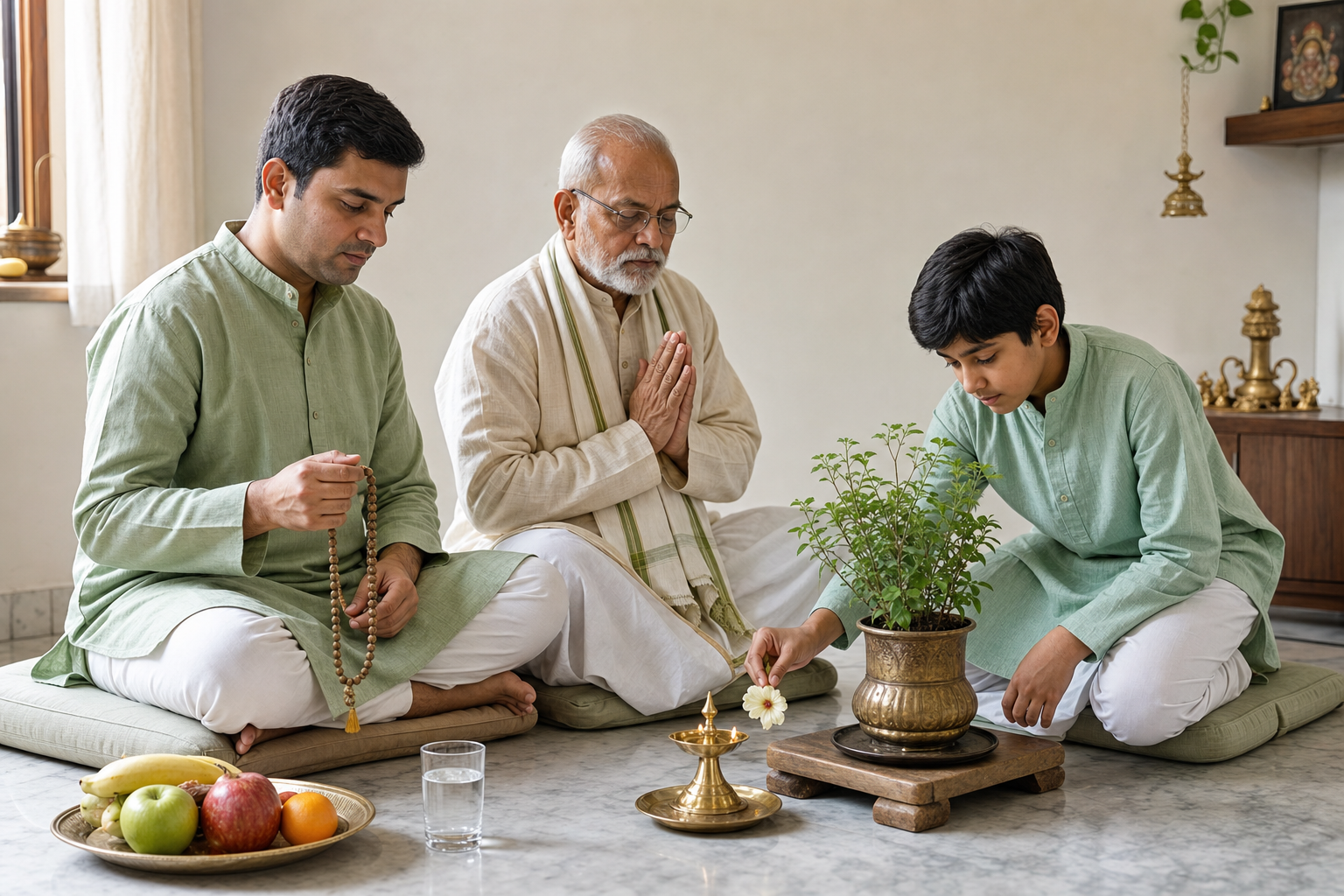 Three generations observe quietly at home with prayer beads, a tulasi plant, flowers, fruit, water, and a lit brass lamp.
