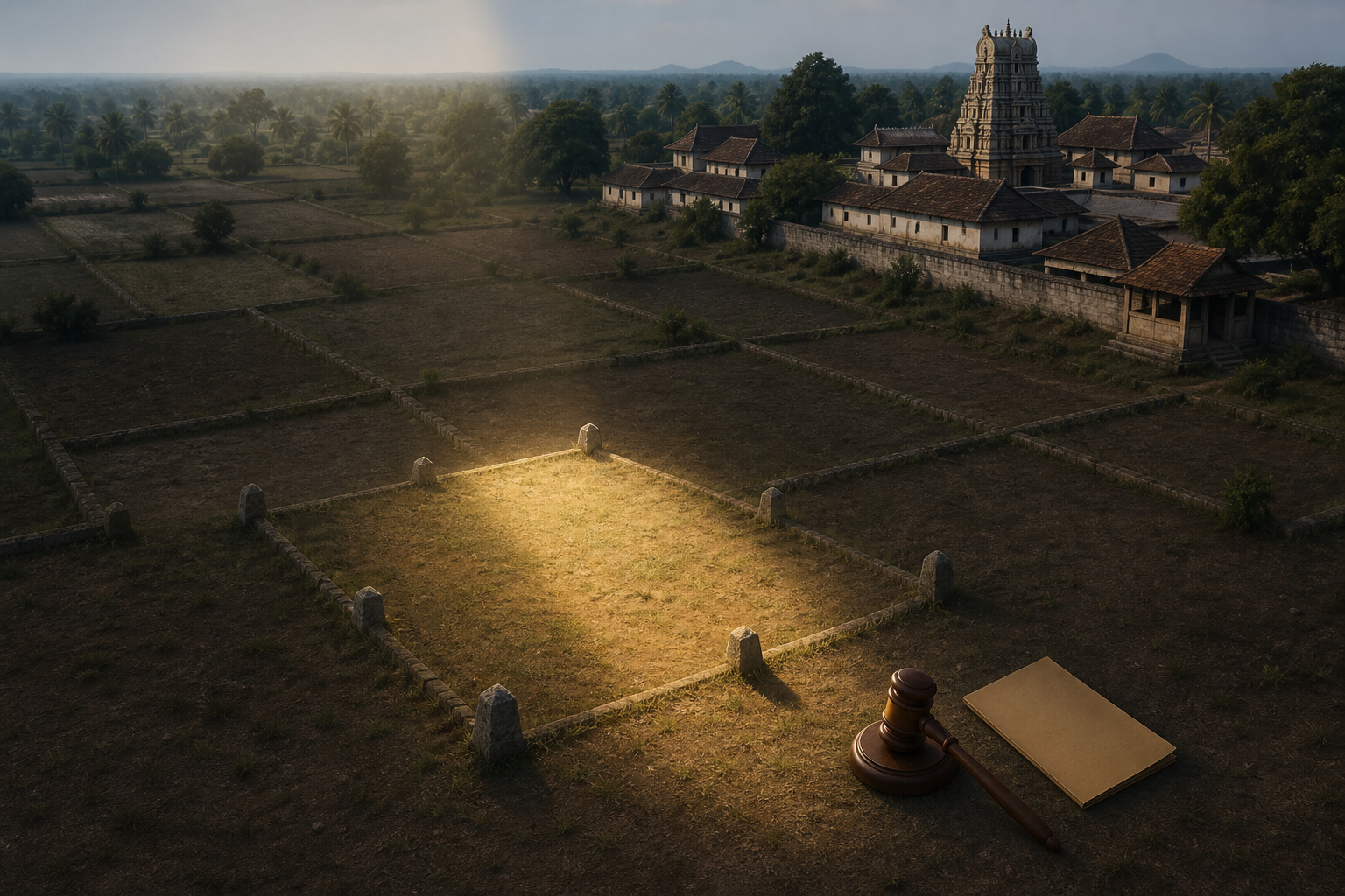 A single surveyed parcel beside a Math is illuminated while other separate parcels remain in shadow, with a gavel and blank case folder nearby.