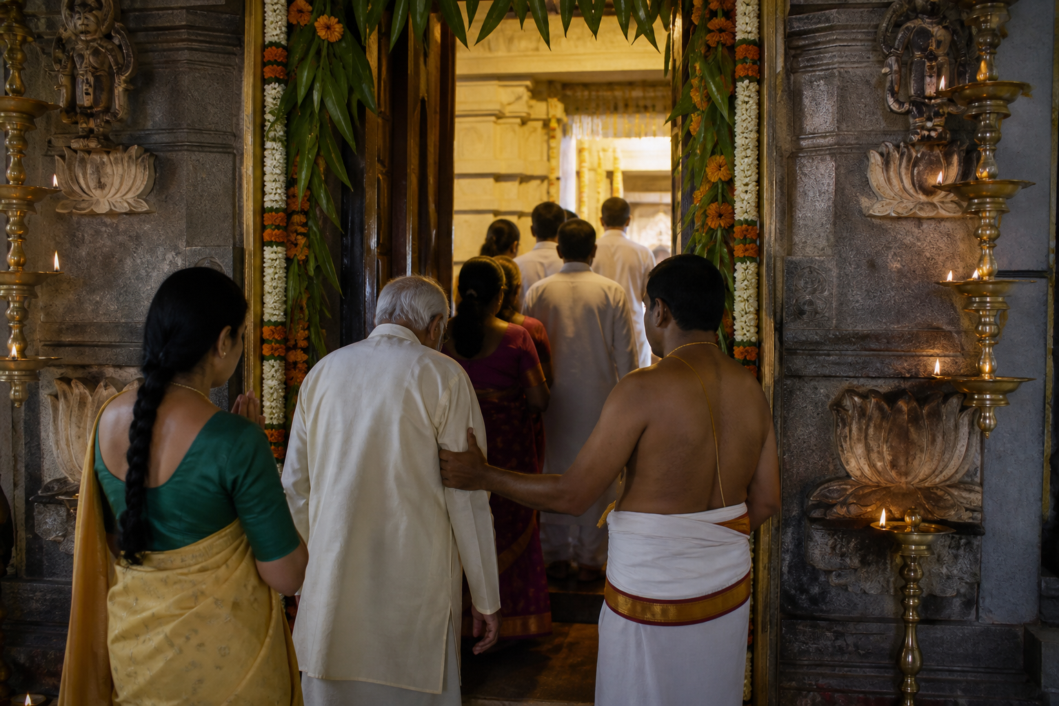 Devotees with folded hands pass through a flower-decorated ceremonial temple doorway as an attendant assists an older visitor.