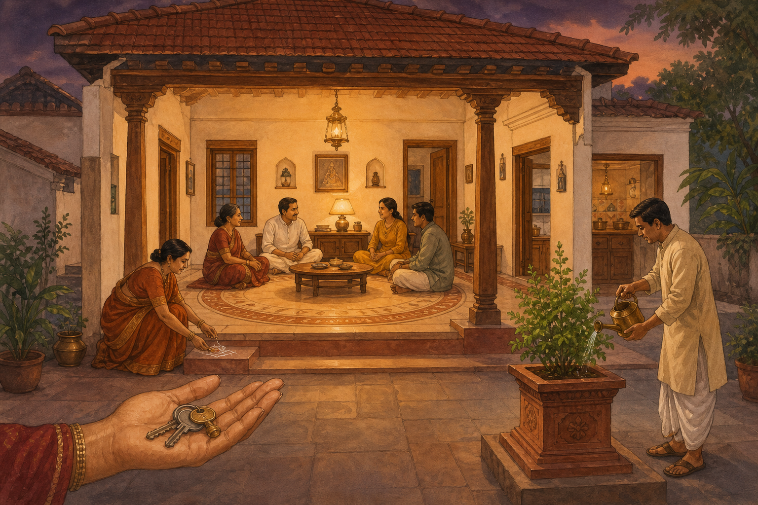 A warmly lit courtyard home contains a family in peaceful conversation, a tended threshold, a tulsi plant, and keys held in an open hand.