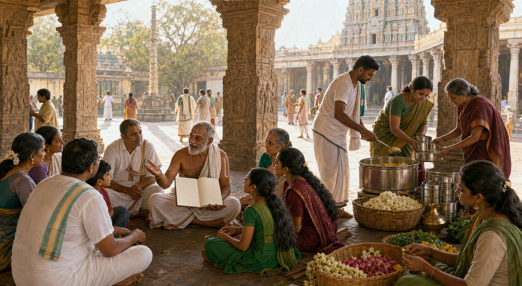 An intergenerational group studies together while nearby volunteers prepare food and flower baskets in a South Indian temple courtyard.