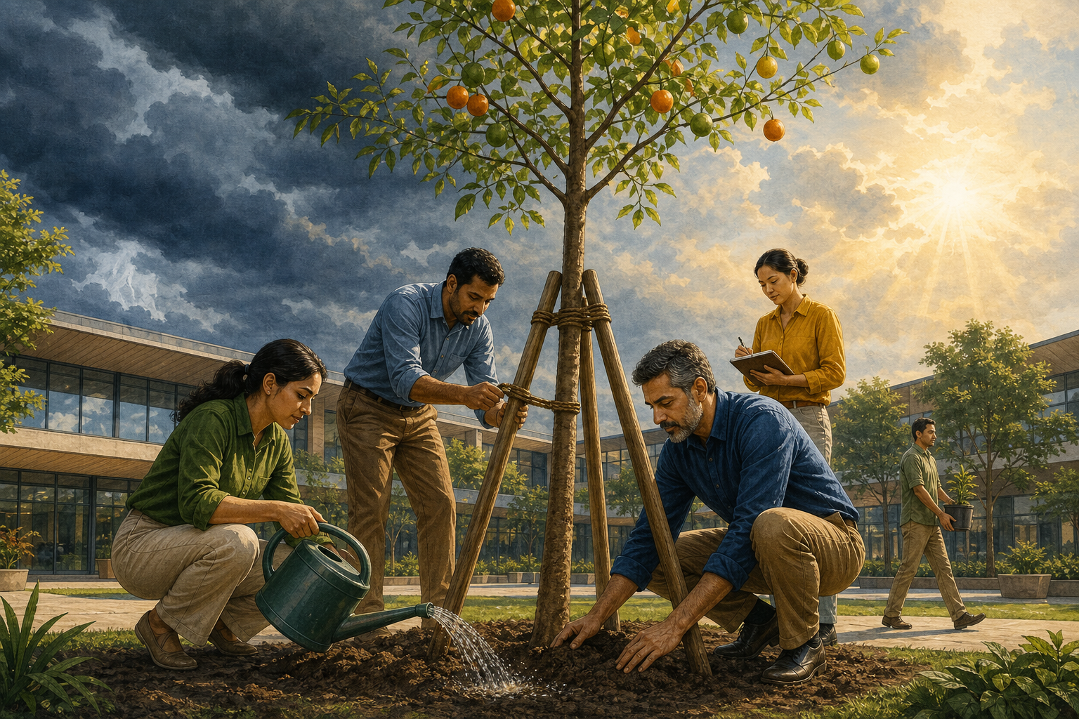 A workplace team tends the roots and supports of a young fruit tree while sun and storm clouds meet above its branches.