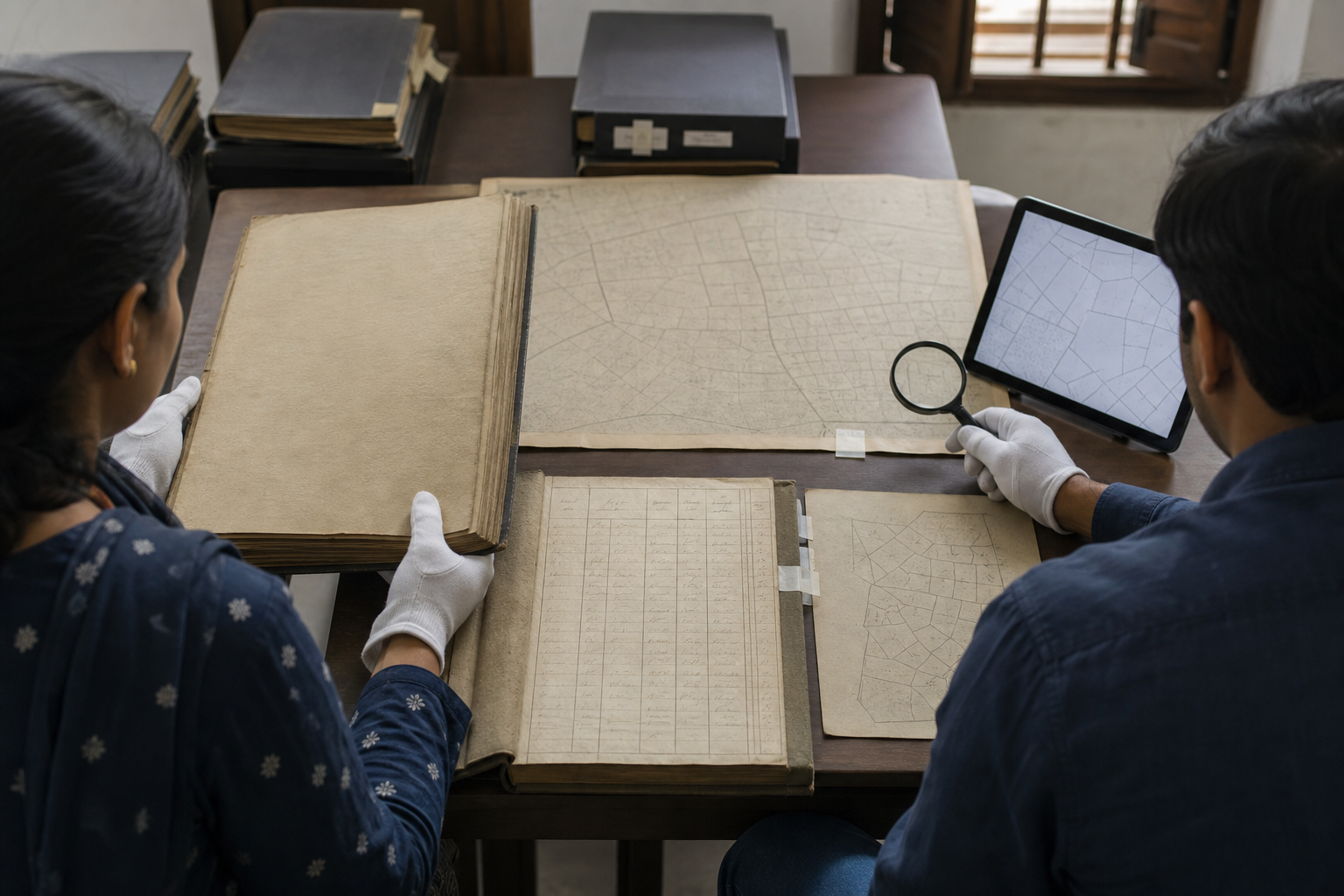 Two researchers compare archival deeds, an unlabeled parcel map, a ledger, survey papers, and a tablet at an organized evidence table.