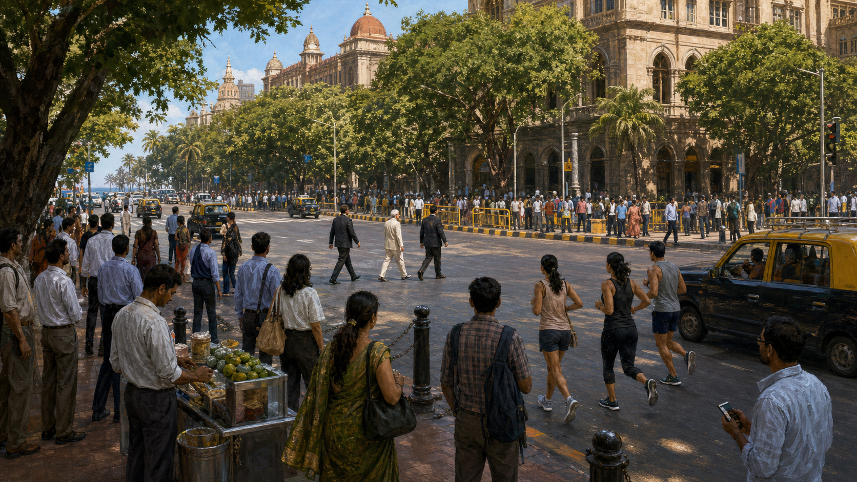 Mumbai pedestrians, vendors, drivers, and runners fill a Churchgate intersection while an anonymous visiting dignitary jogs through the middle distance.