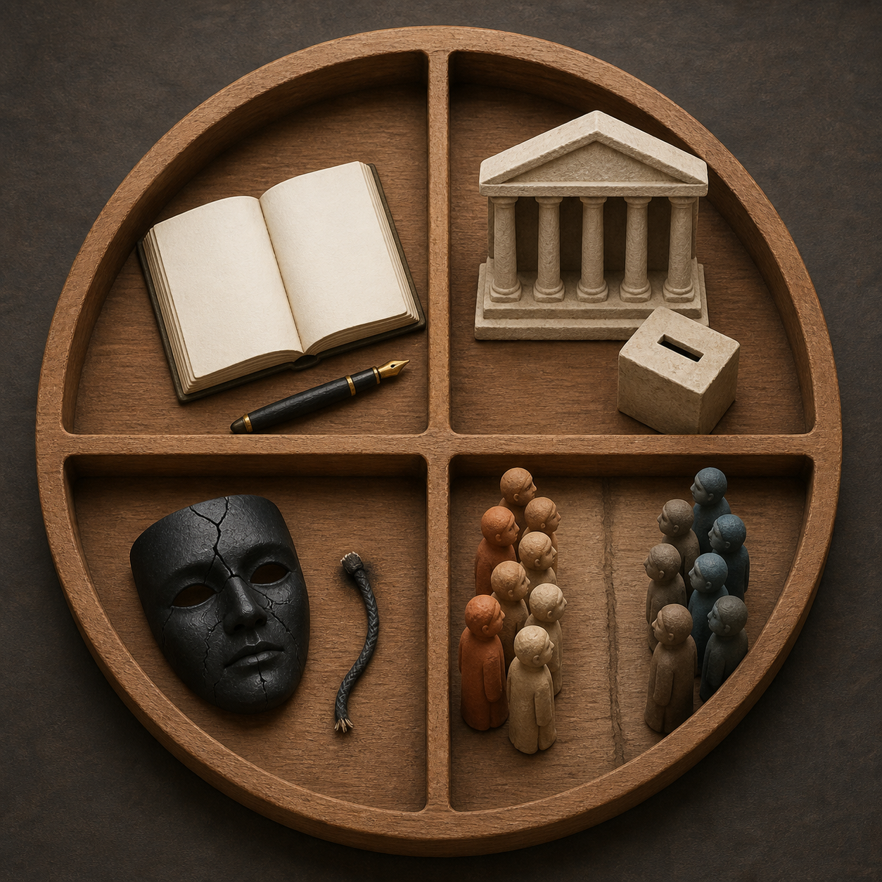 A round table is divided into four compartments containing symbols for a writer's words, politics, violent extremism, and communal reactions.
