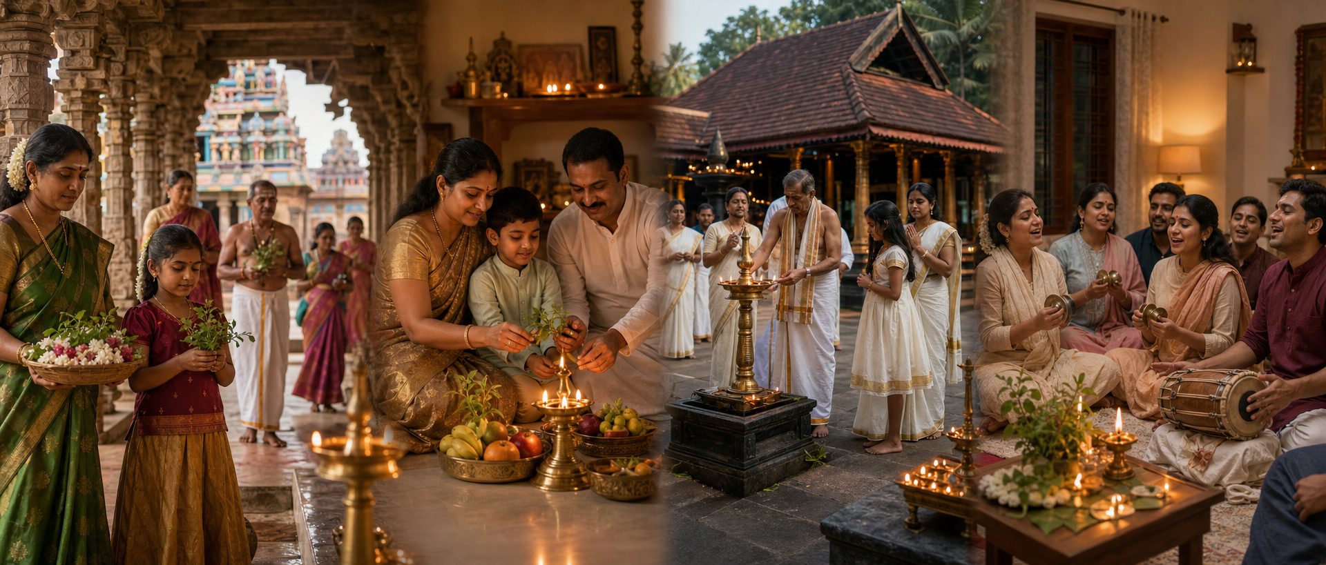 A panoramic scene shows temple and home observances in several Indian regional settings, linked by prayer, tulasi leaves, flowers, and oil lamps.