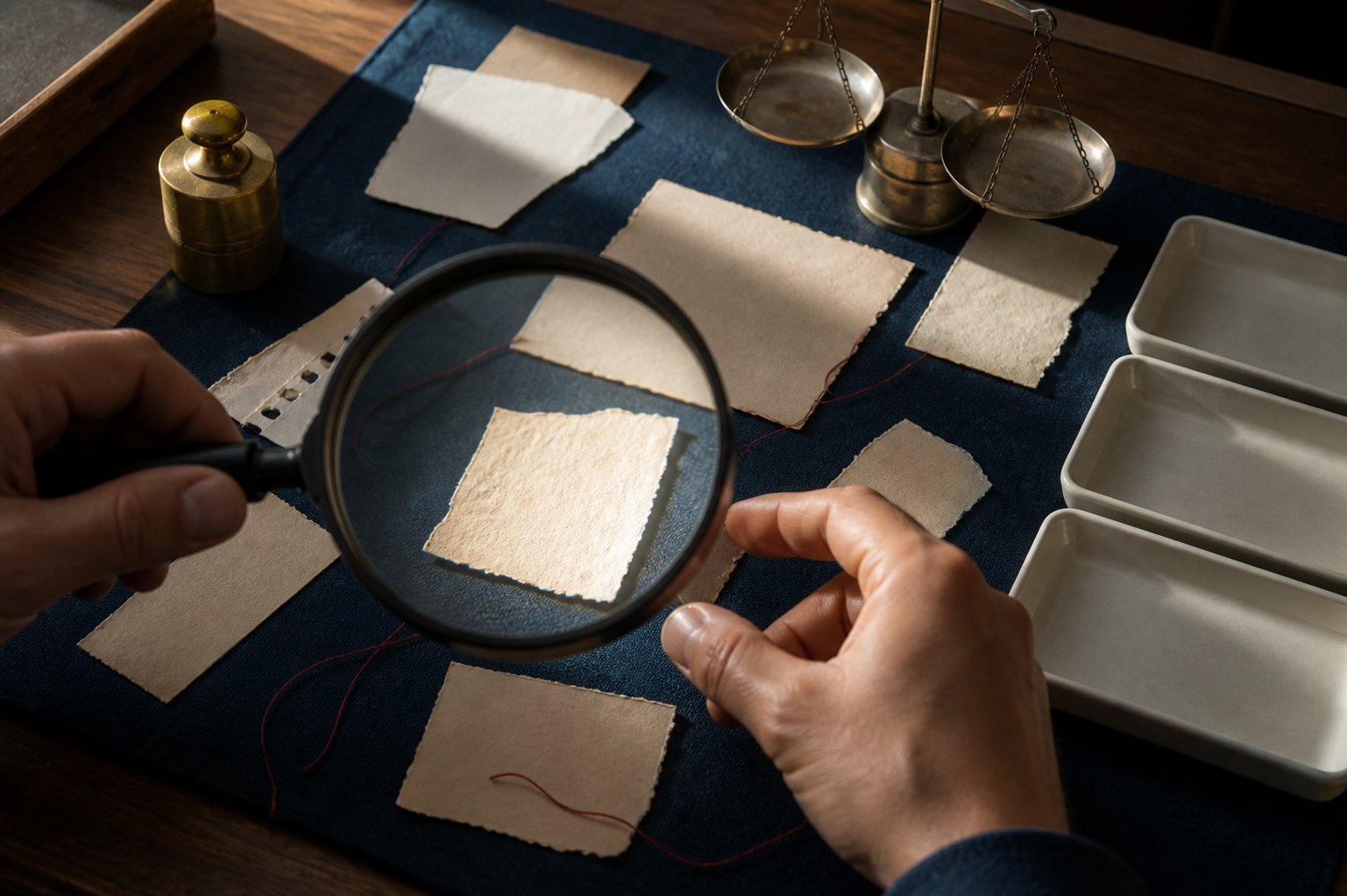 Anonymous hands use a magnifying lens, balance, and sorting trays to examine blank paper fragments under focused light.