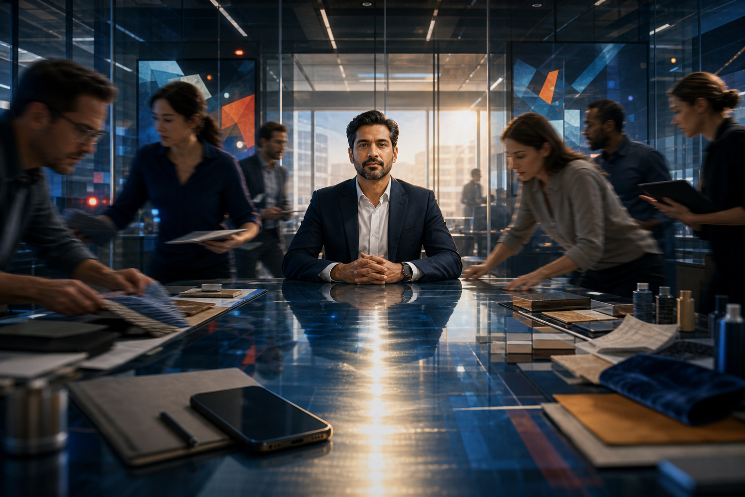 A calm leader reflects at the center of a busy operations room while colleagues and abstract warning lights convey urgency around the edges.