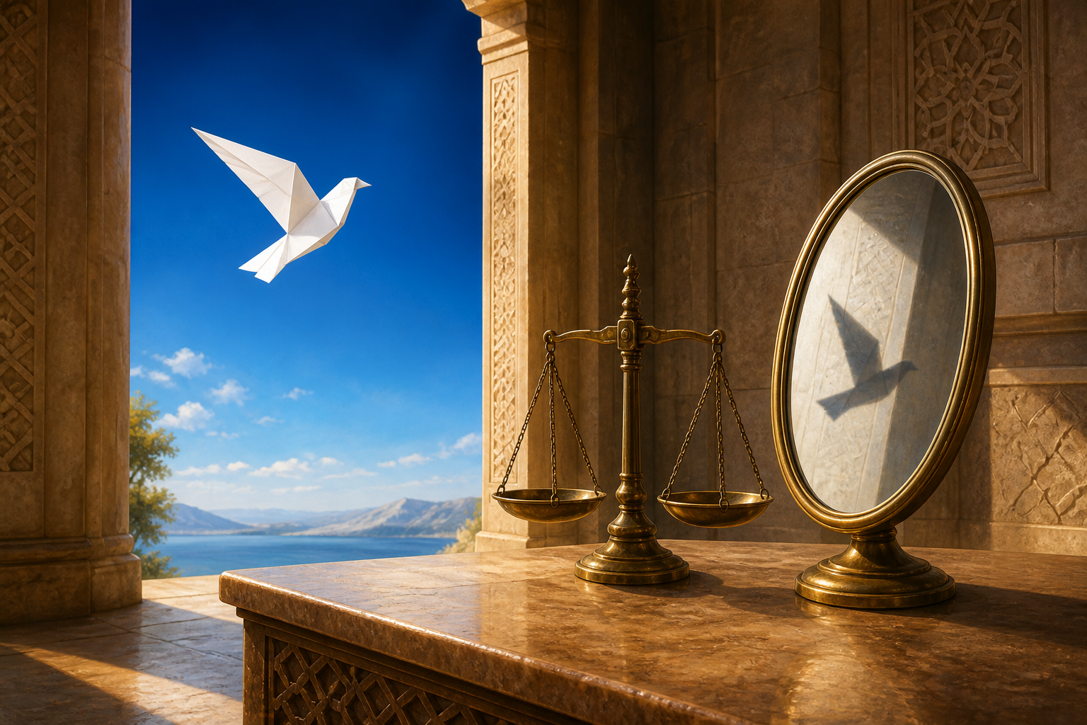 A white paper bird flies freely through an open doorway while a brass balance and mirror remain on a desk inside.